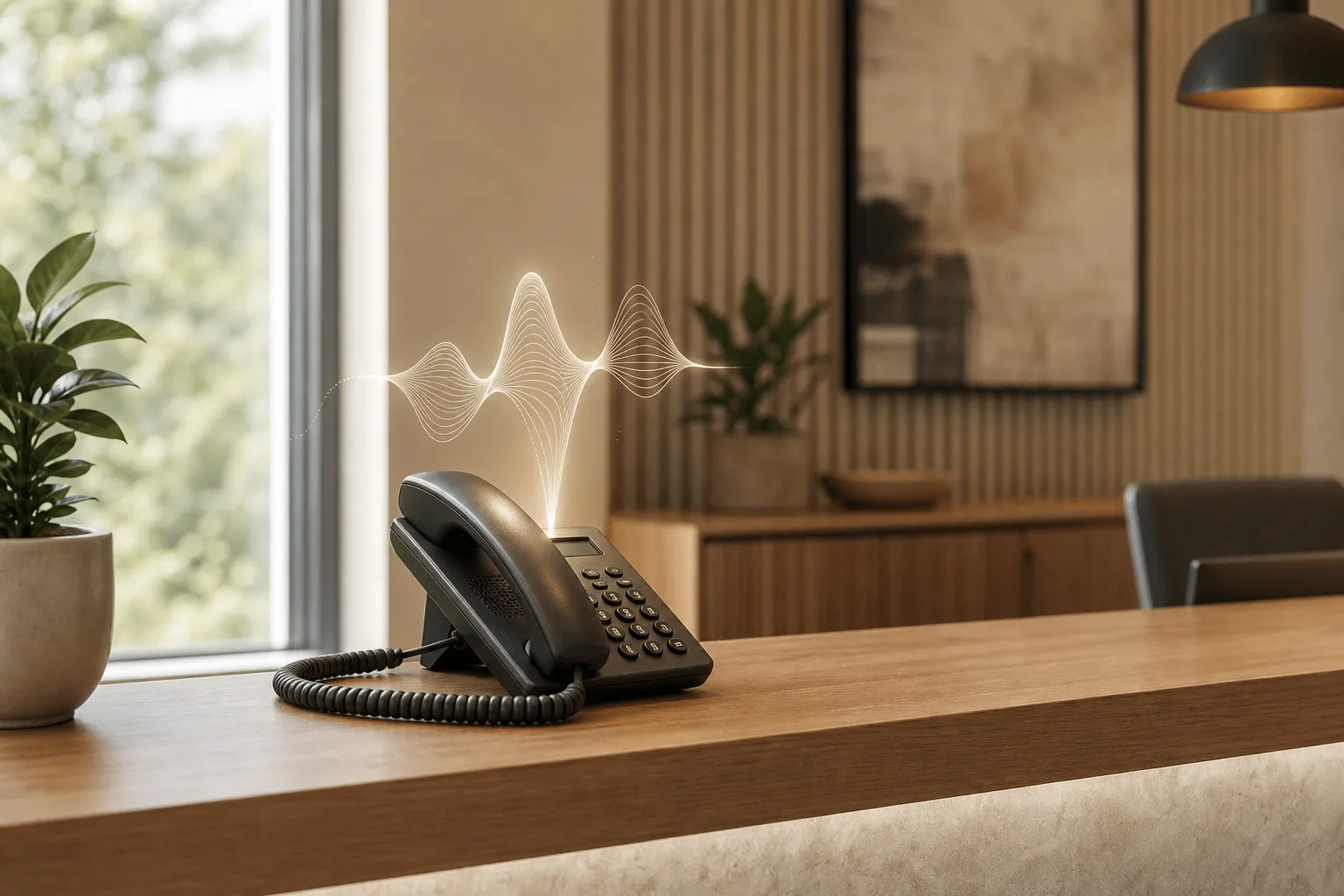 A glowing voice wave rises from a desk phone on an unattended small business reception desk, suggesting AI call handling