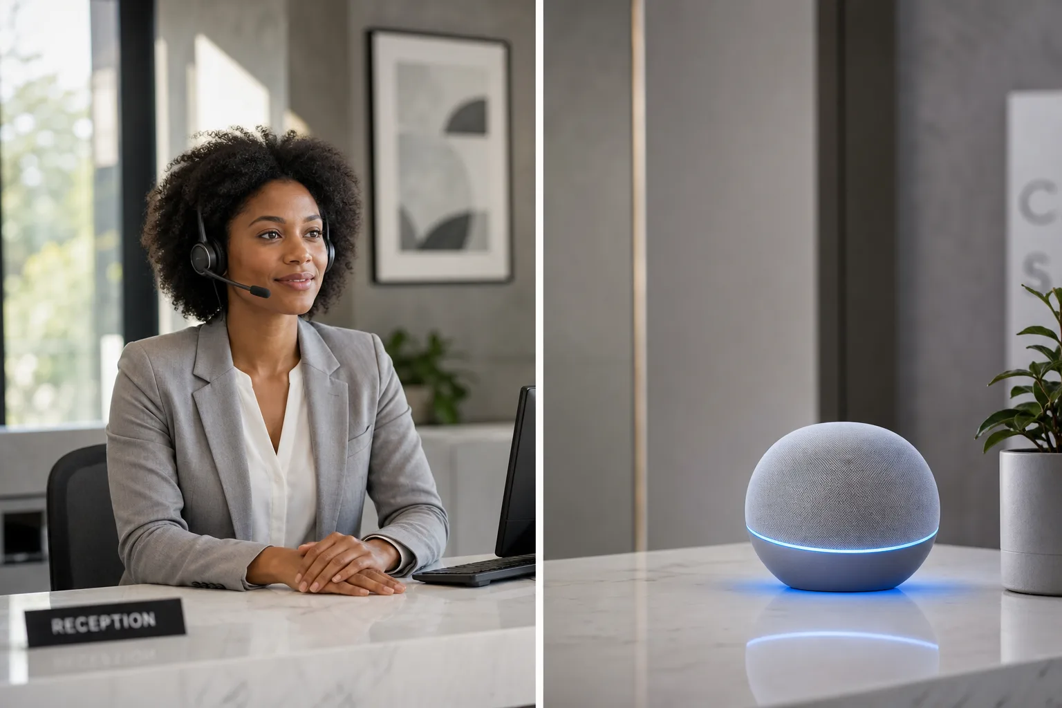 A human receptionist with headset on the left and a glowing AI device on the right, comparing answering service options