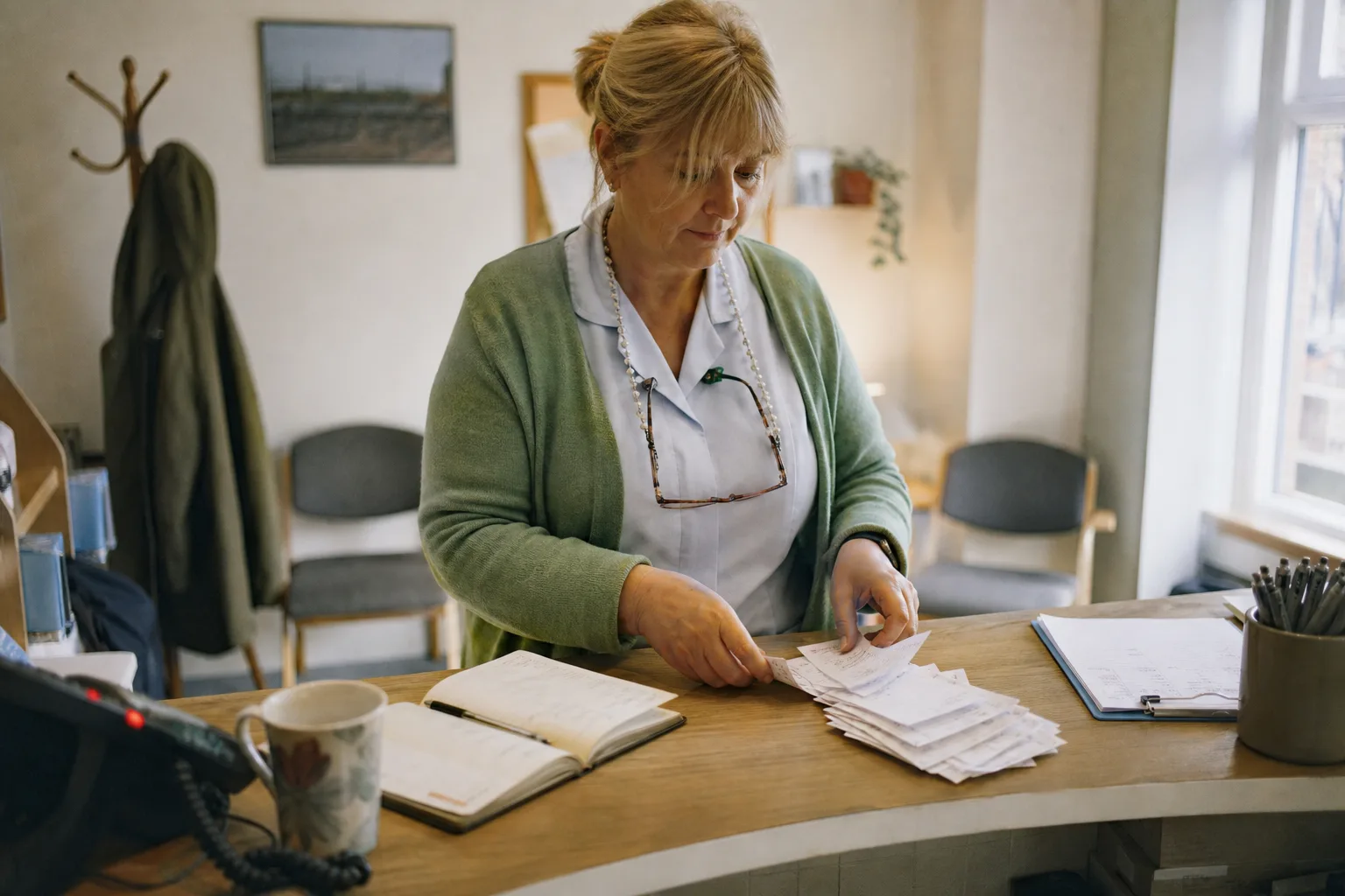 Physiotherapy clinic owner in Leeds sorting enquiry slips into two piles, showing how few leads become qualified