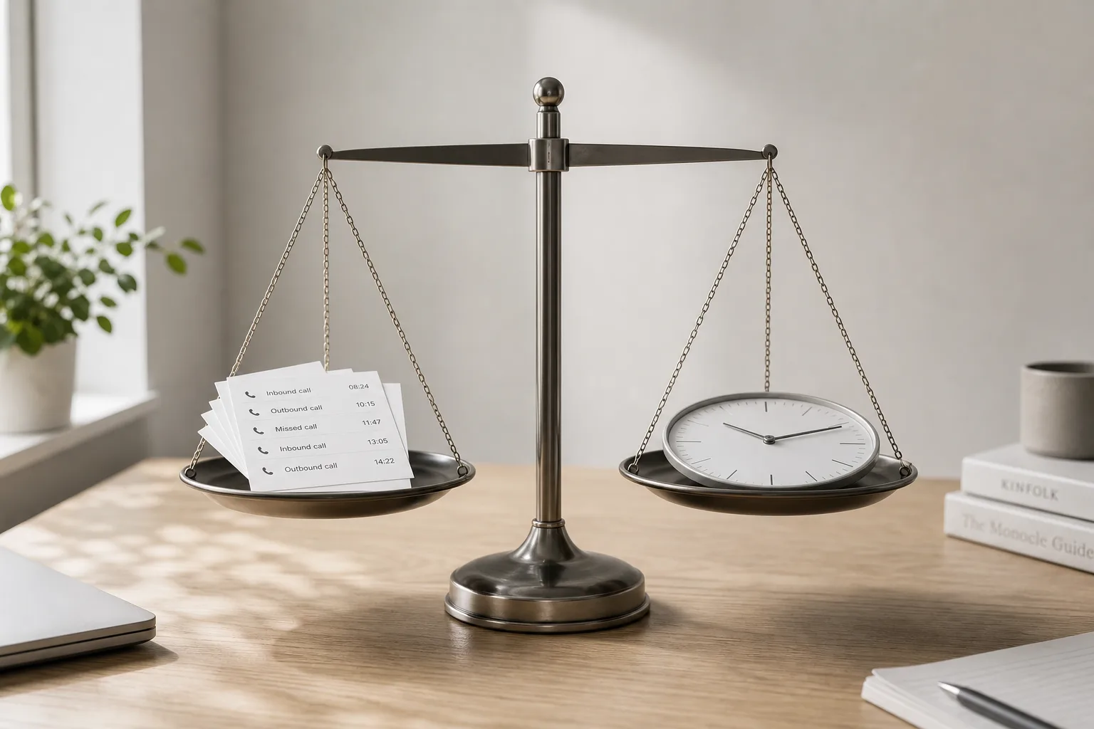 A balanced scale on a minimal desk with call logs and a clock, representing telephone answering service cost factors