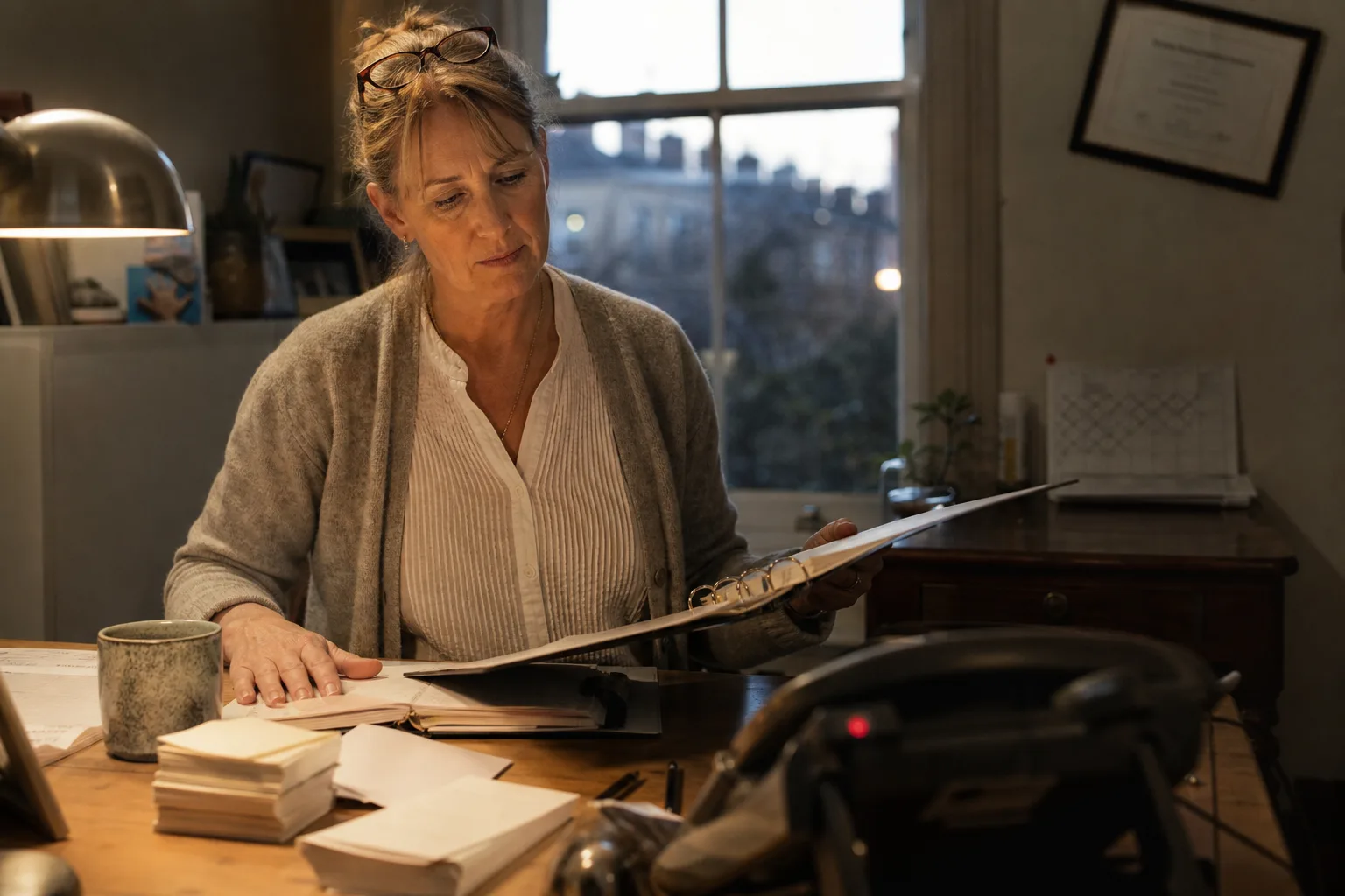 Dental practice owner in Bristol reviewing compliance paperwork at her desk after hours, weighing 24/7 call cover from virtual receptionist companies