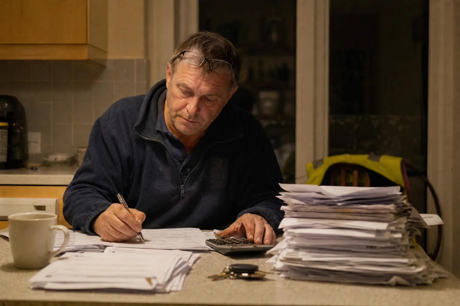 UK plumber at his kitchen table at night with invoices and a calculator, weighing up ai receptionist cost uk against hiring help