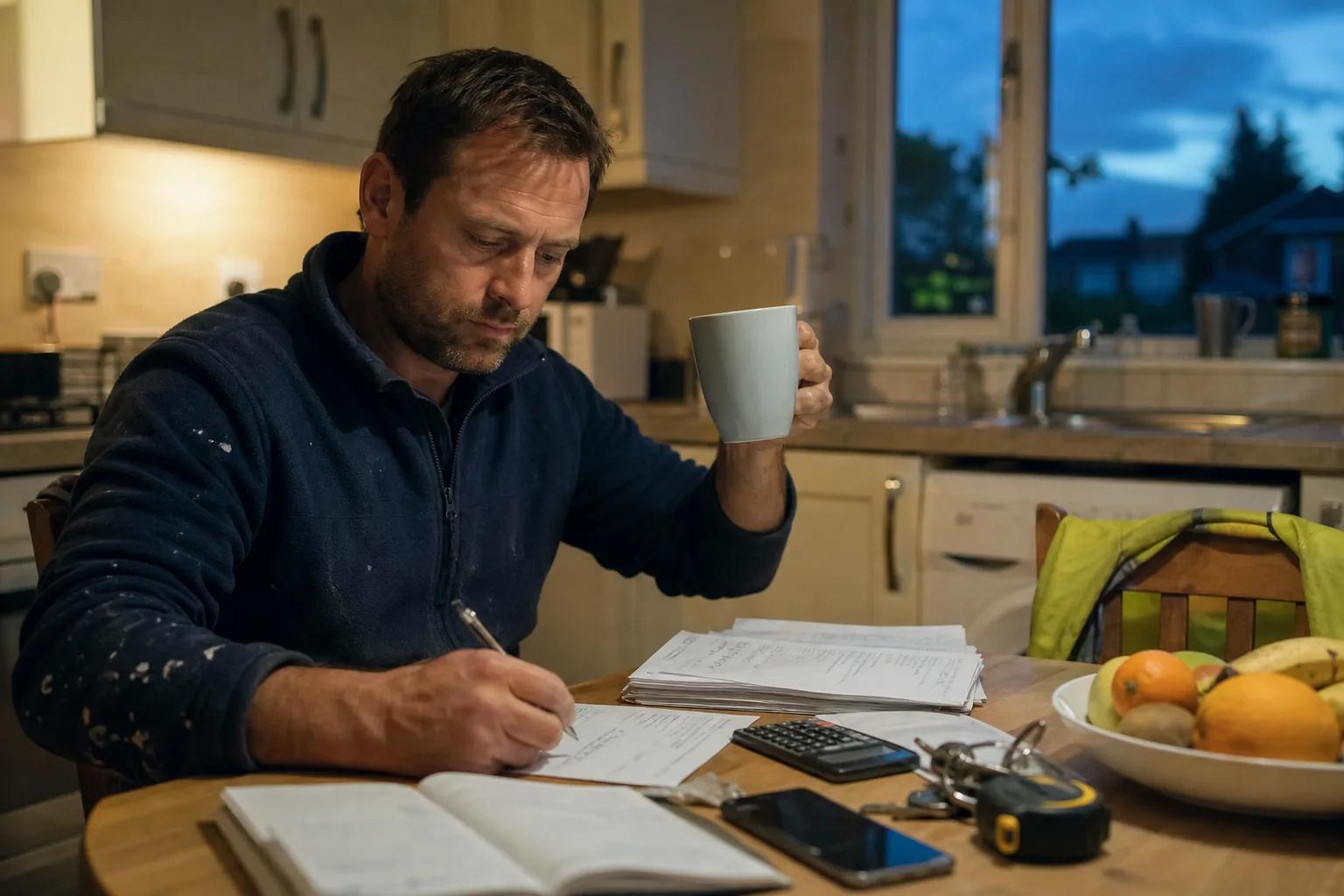UK plumber at a kitchen table at night with invoices, calculator and phone, weighing up ai phone answering service cost