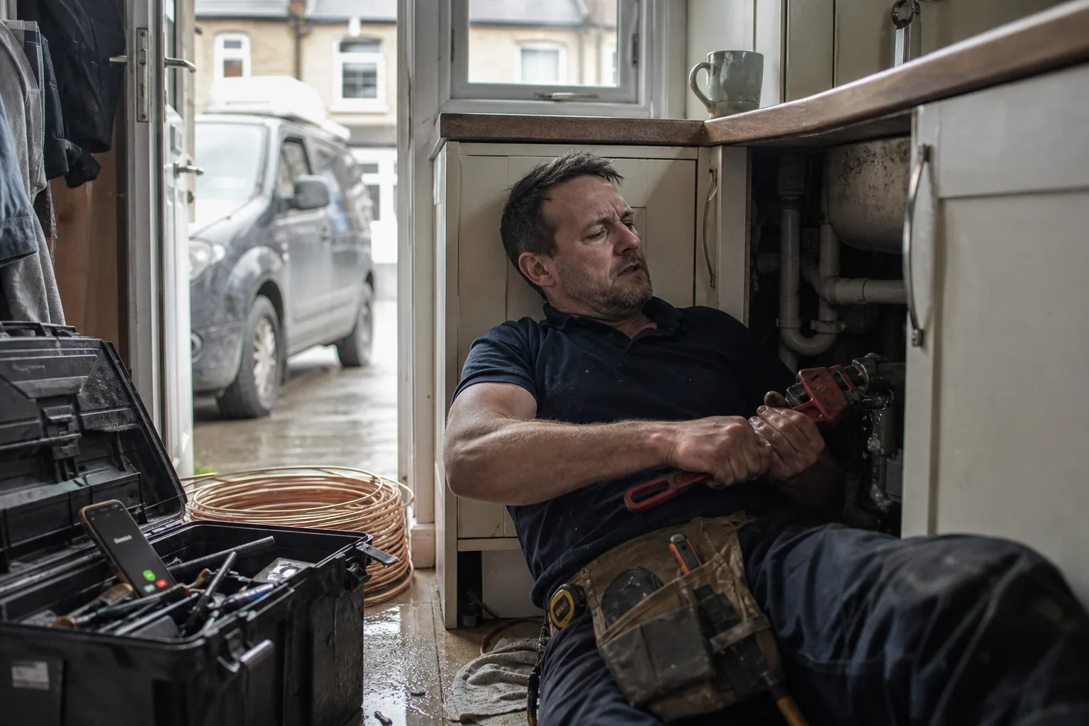 Plumber under a UK kitchen sink, hands busy with a wrench, as his phone lights up with a call an AI receptionist would catch