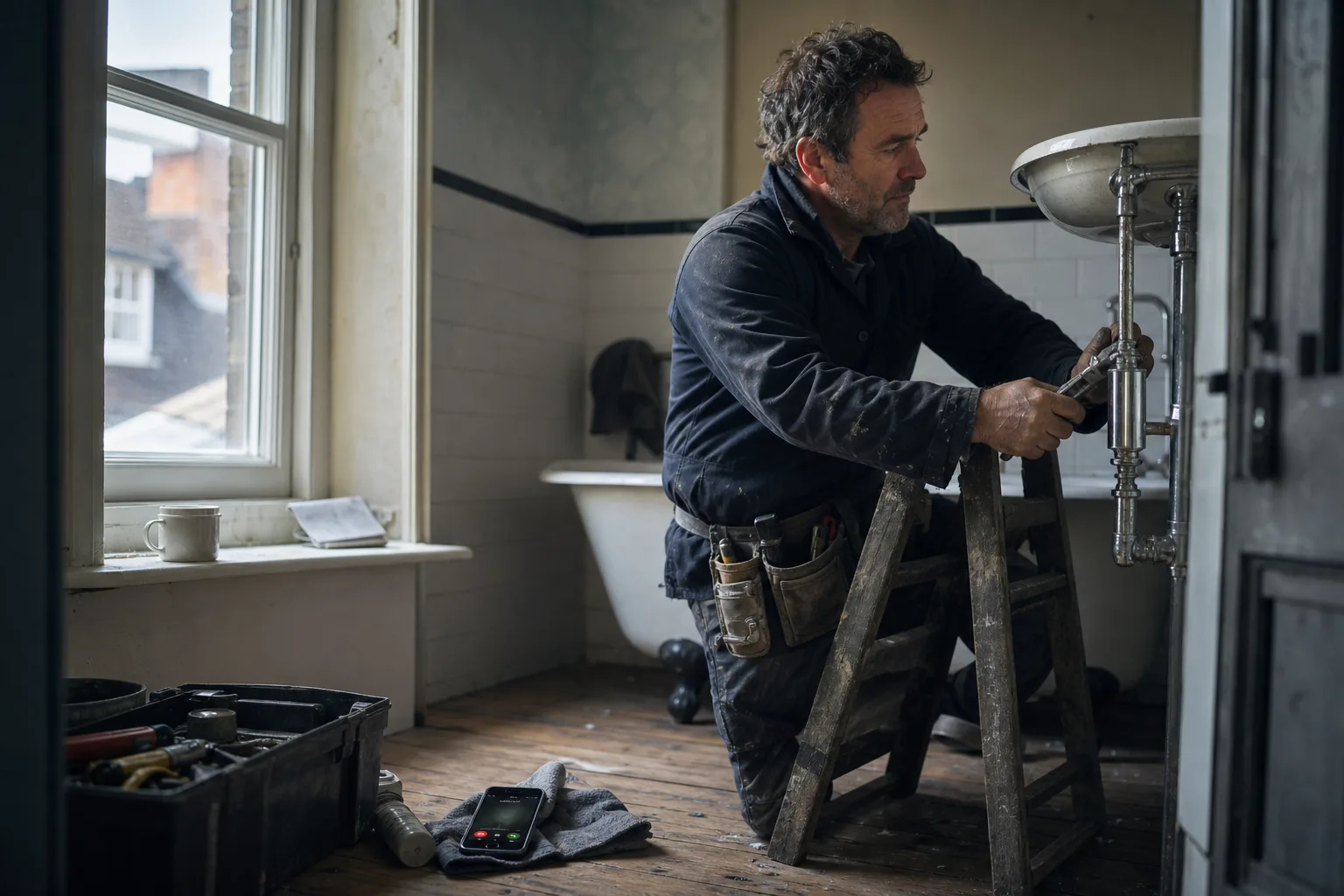 Plumber on a ladder in a Leeds bathroom, hands busy on a pipe, while his phone rings unanswered on the floor below