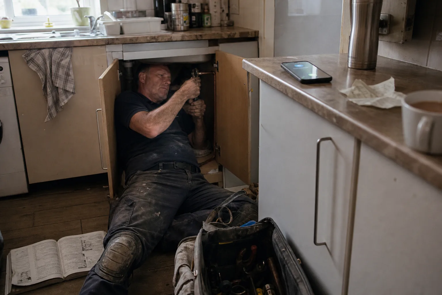 UK plumber mid-repair under a sink while his phone rings unanswered on the worktop, the missed call automation solves