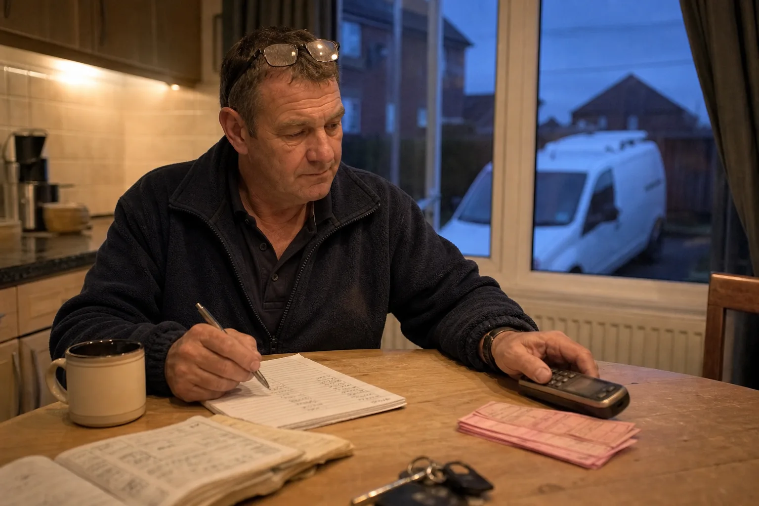 UK plumber at his kitchen table at dusk sorting enquiry slips, weighing up what makes a lead qualified