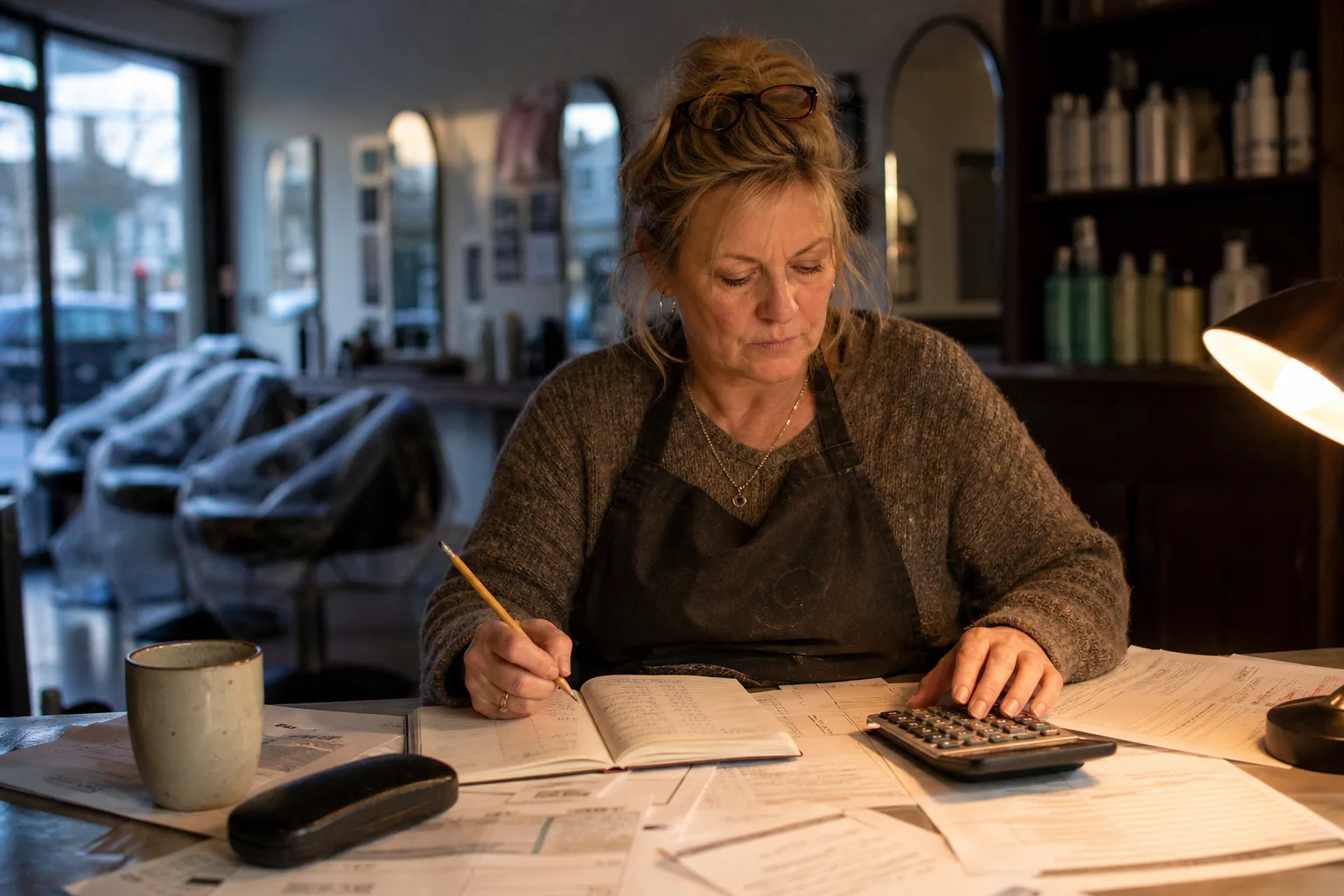 Salon owner in England comparing call automation costs with invoices, notebook and calculator at the front desk after closing
