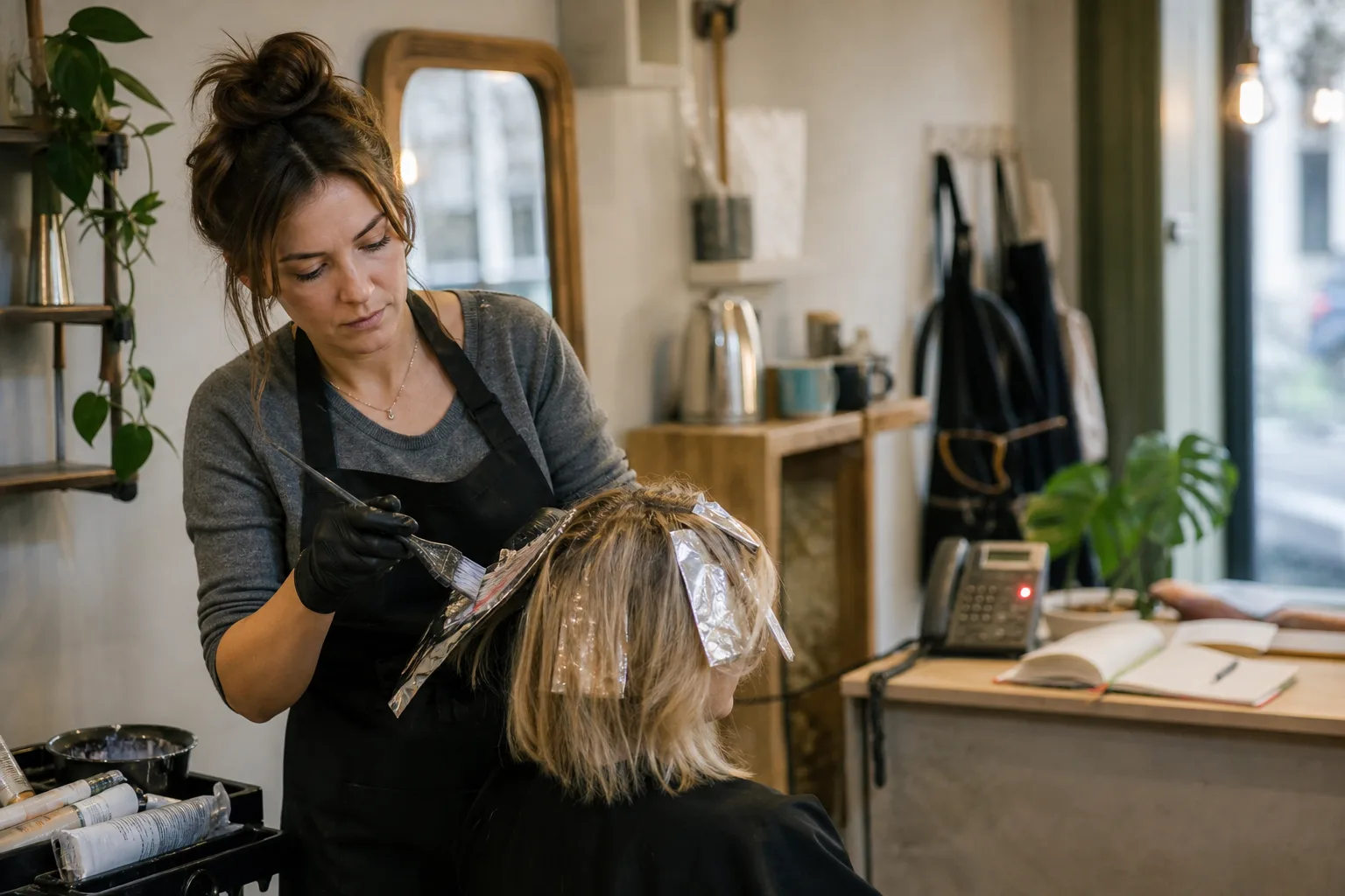 Salon owner applying hair foils mid-appointment while the front-desk phone rings unanswered, showing why salons need the best AI receptionist