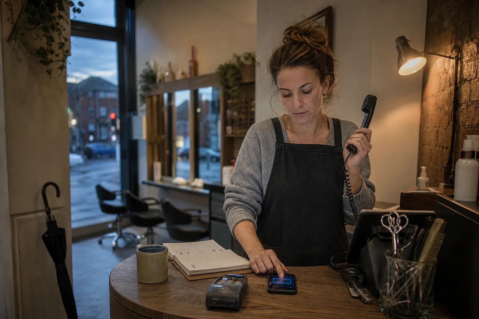 Salon owner in Manchester replaying a trial call on the phone while weighing up ai phone answering service cost after closing