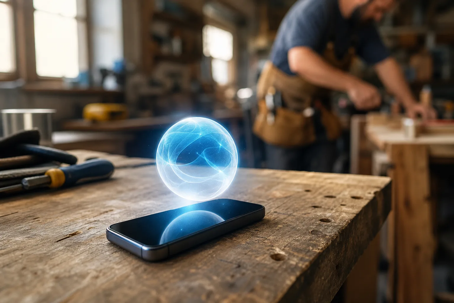 Glowing AI orb above a smartphone on a workbench while a tradesperson works in the background