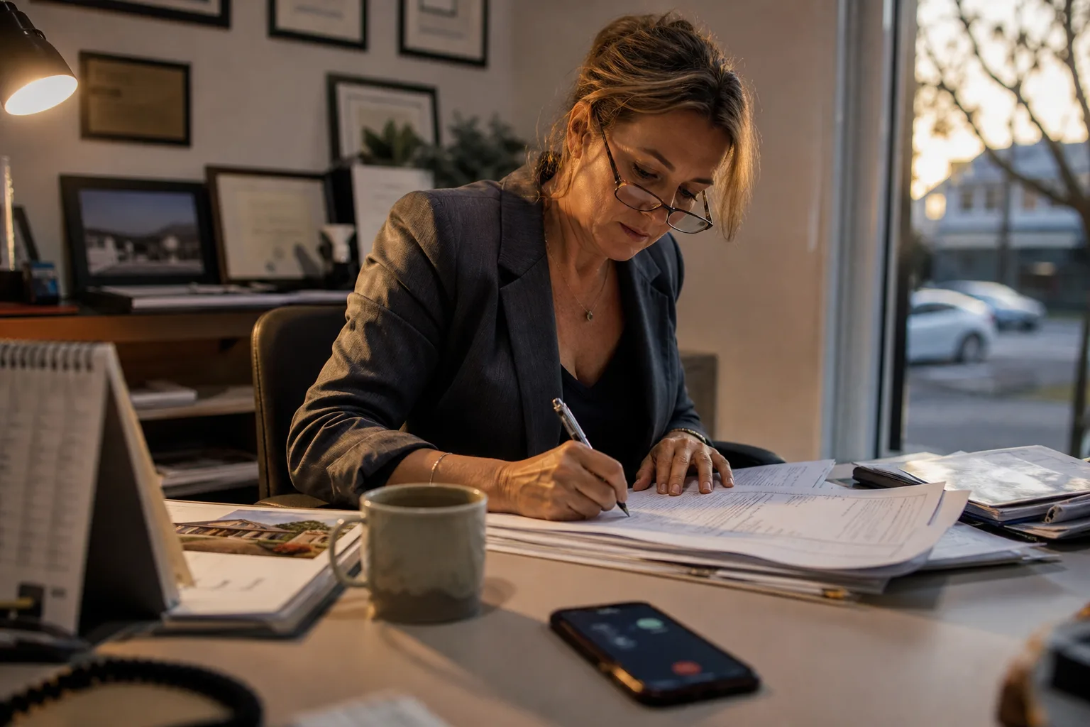 Real estate agent in Sydney signing contracts after hours while her phone lights up with an evening call an answering service would take