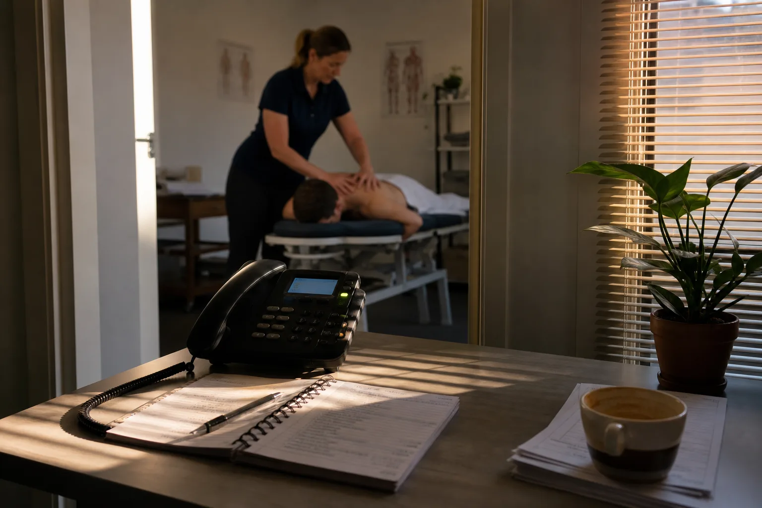 Physiotherapist treating a patient after hours while the clinic phone rings unanswered at the empty front desk