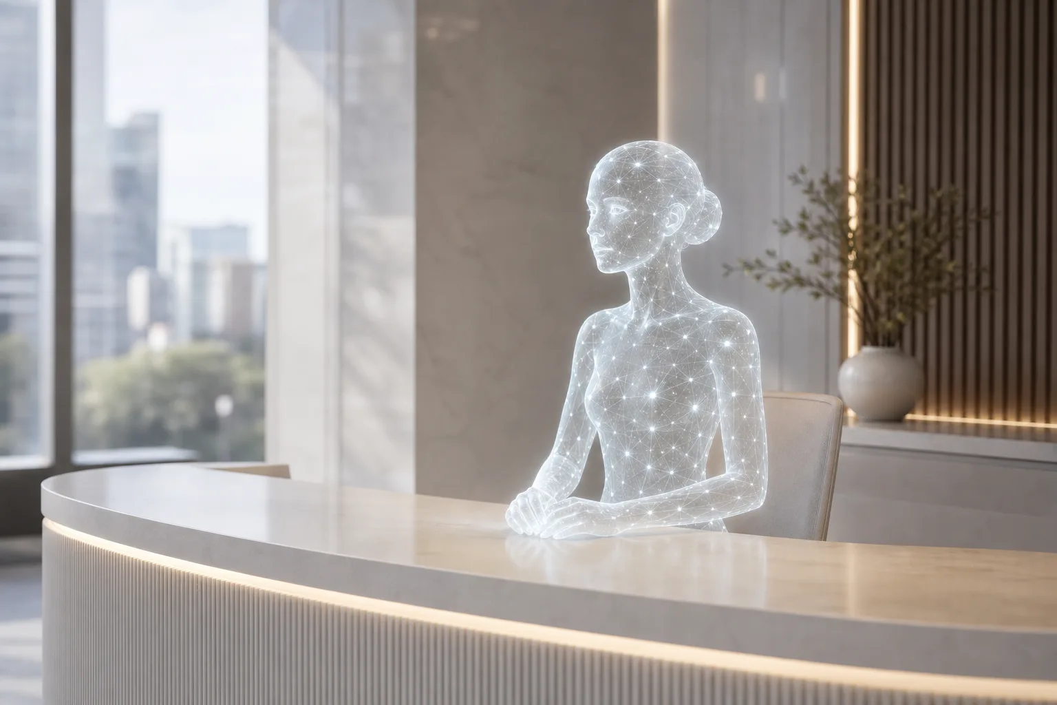 A luminous geometric AI figure seated calmly at a modern reception desk, representing AI call handling as its own distinct category