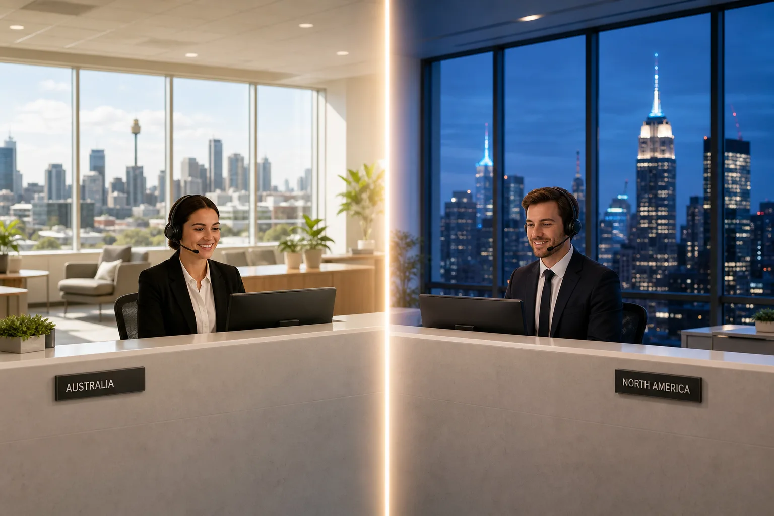 Split reception scene comparing a sunlit Australian office and a dusk-lit US office, illustrating virtual receptionist location trade-offs