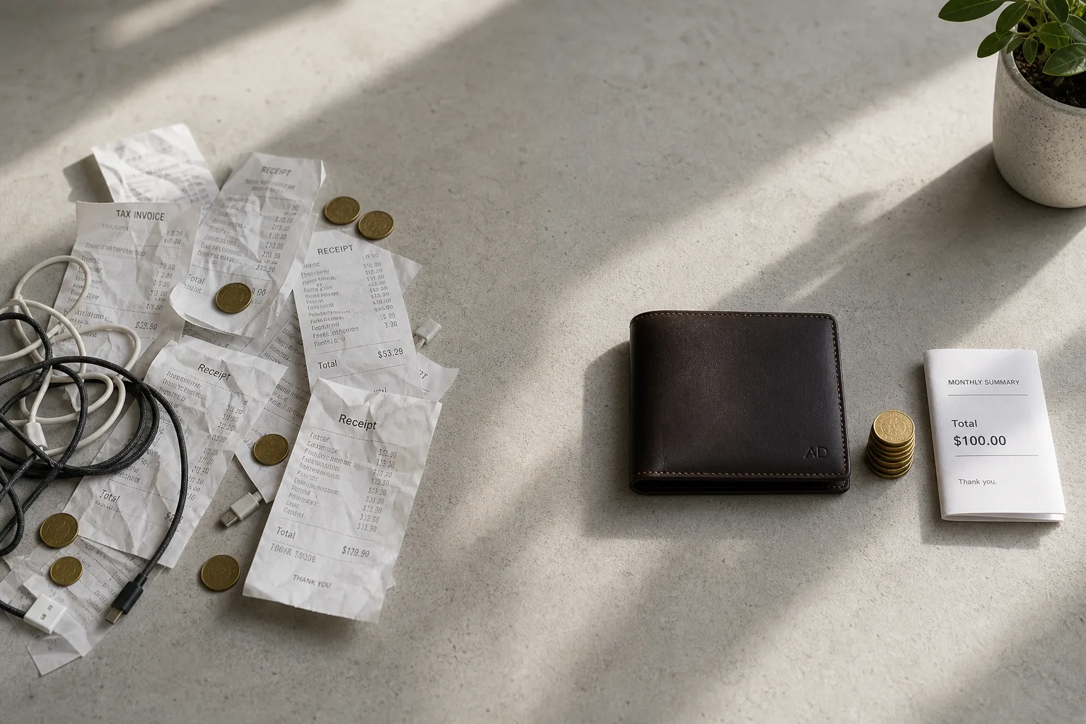 Split flat-lay comparing cluttered billing items on the left with a neat wallet and coins on the right, illustrating call answering cost clarity