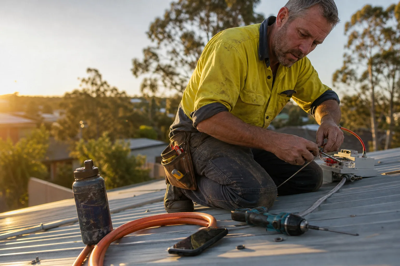 Australian electrician on a suburban roof, hands busy with cabling while his phone buzzes with a missed call nearby