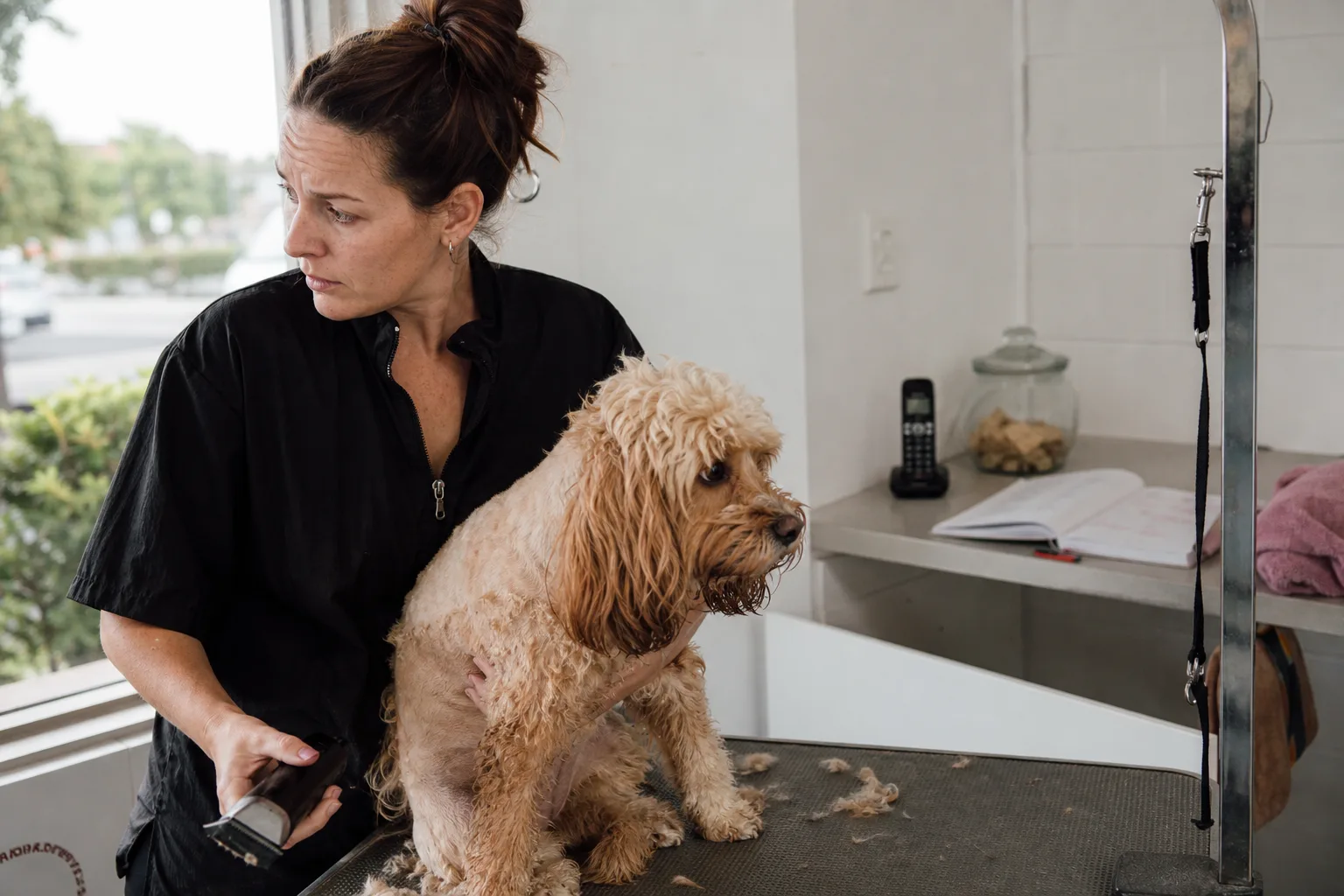 Dog groomer in Brisbane salon pauses mid-clip, eyeing a silent phone after her free AI phone agent hit its minute cap