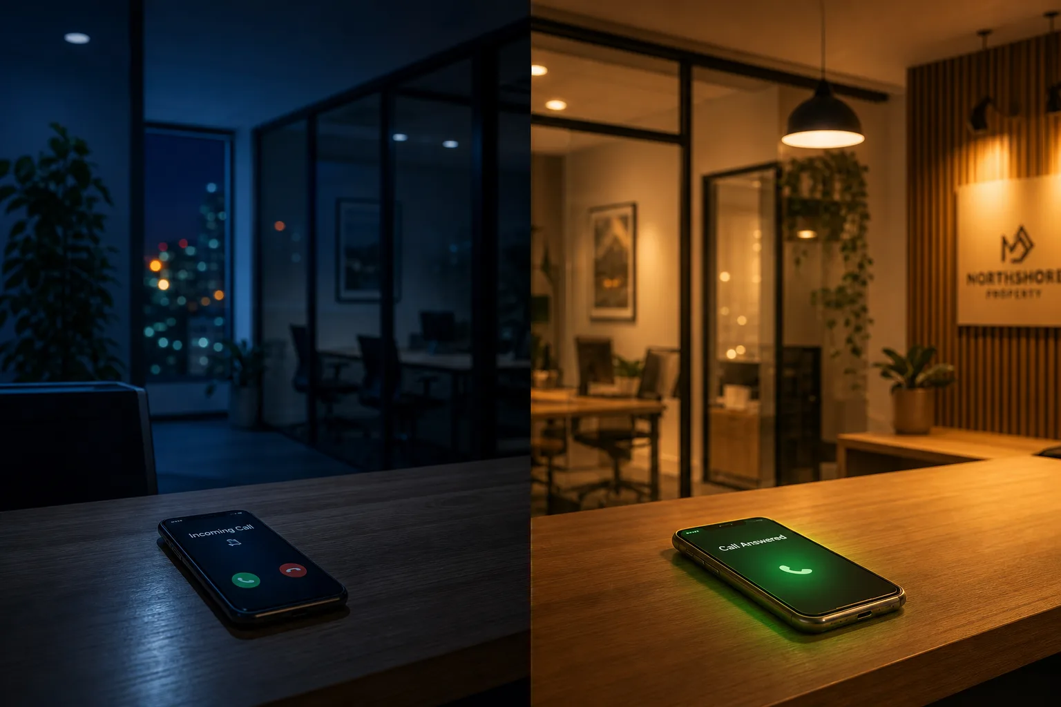Split scene of a ringing unanswered phone in a dark office beside a glowing connected call, showing 24/7 answering coverage