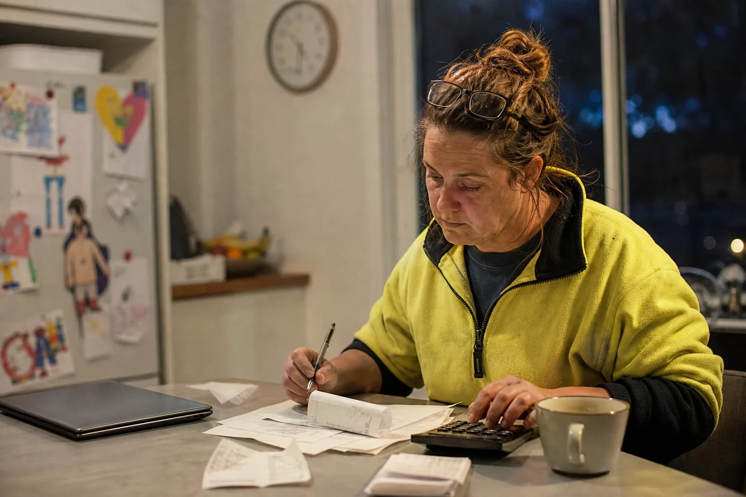 Melbourne plumbing business owner at her kitchen table at night with invoices and a calculator, working out AI phone agent pricing