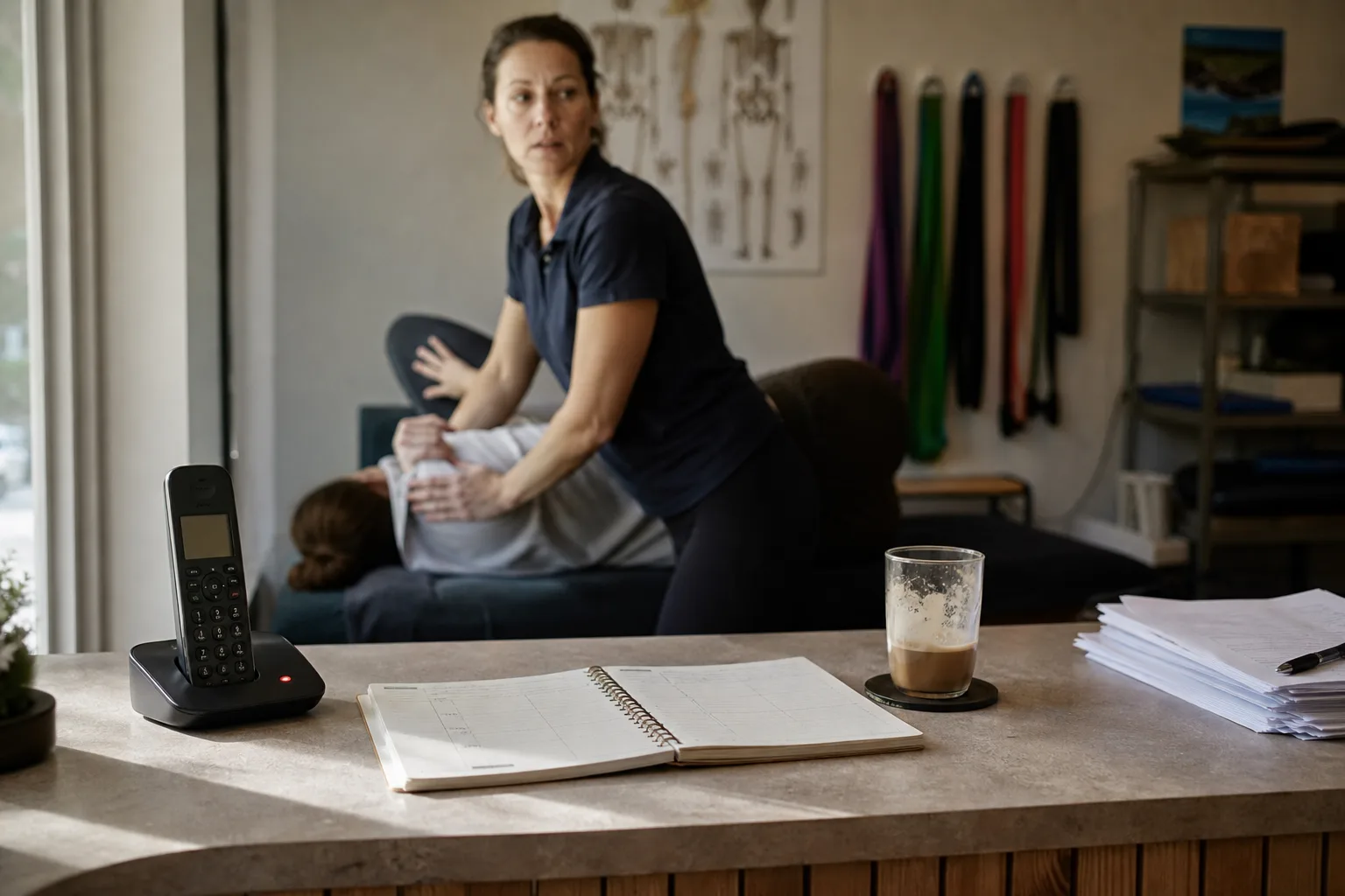 Physiotherapist treating a patient in a Melbourne clinic while the front-desk phone rings unanswered, the missed calls a virtual receptionist service