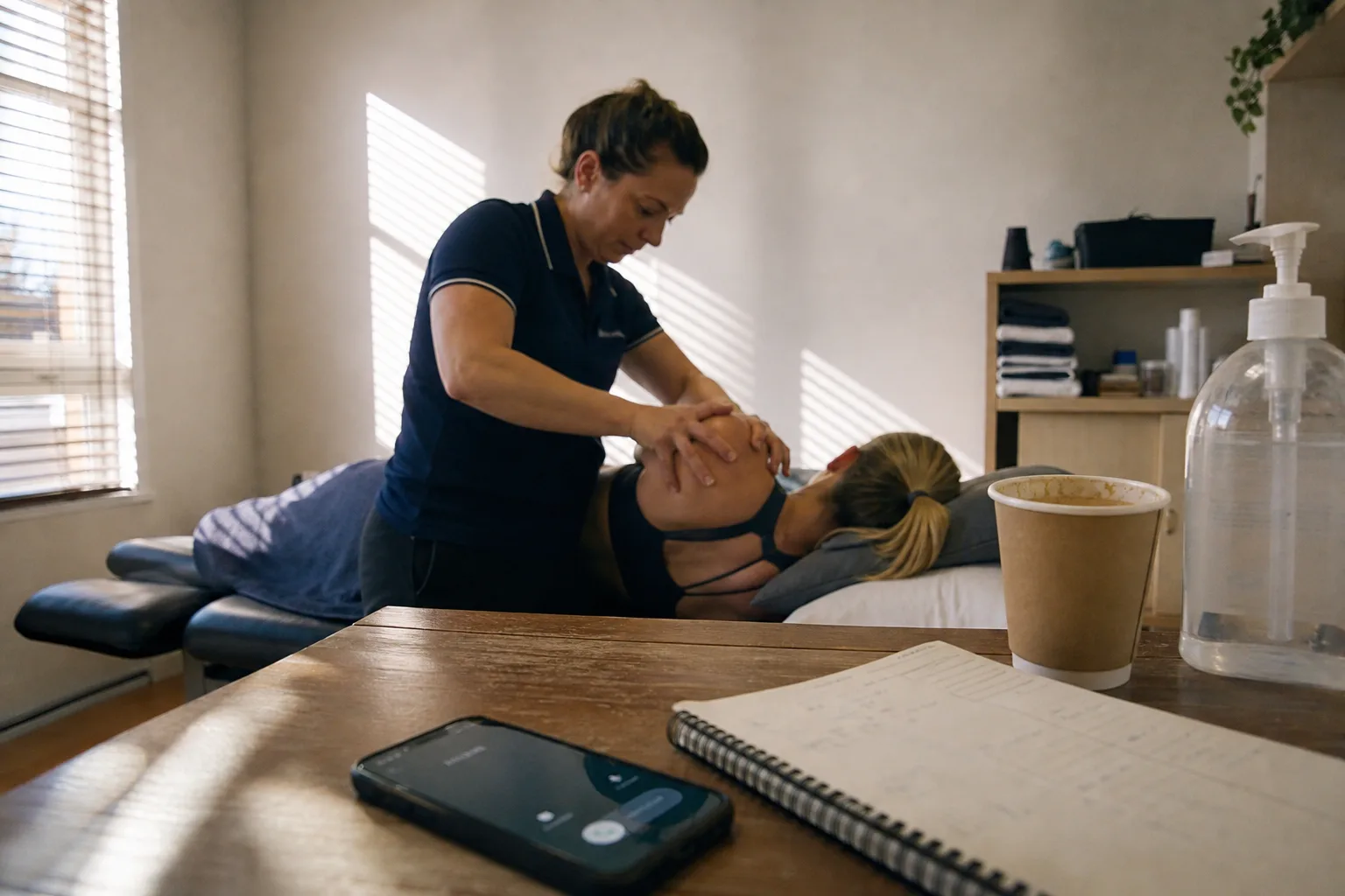 Physiotherapist treating a patient while a phone rings unanswered at her clinic's front desk, the missed-call problem behind telephone answering servi