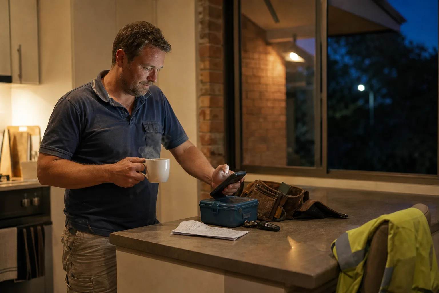 Plumber in a Brisbane kitchen at dusk reading the 8am job an AI phone booking system scheduled after hours
