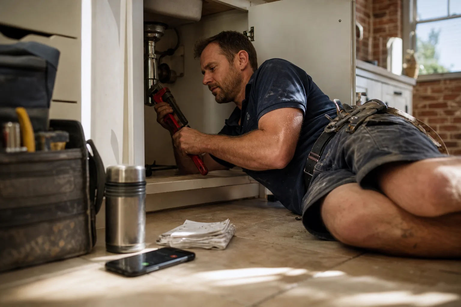 Plumber under a kitchen sink in suburban Melbourne, wrench in both hands, while his phone lights up with a call he can't answer