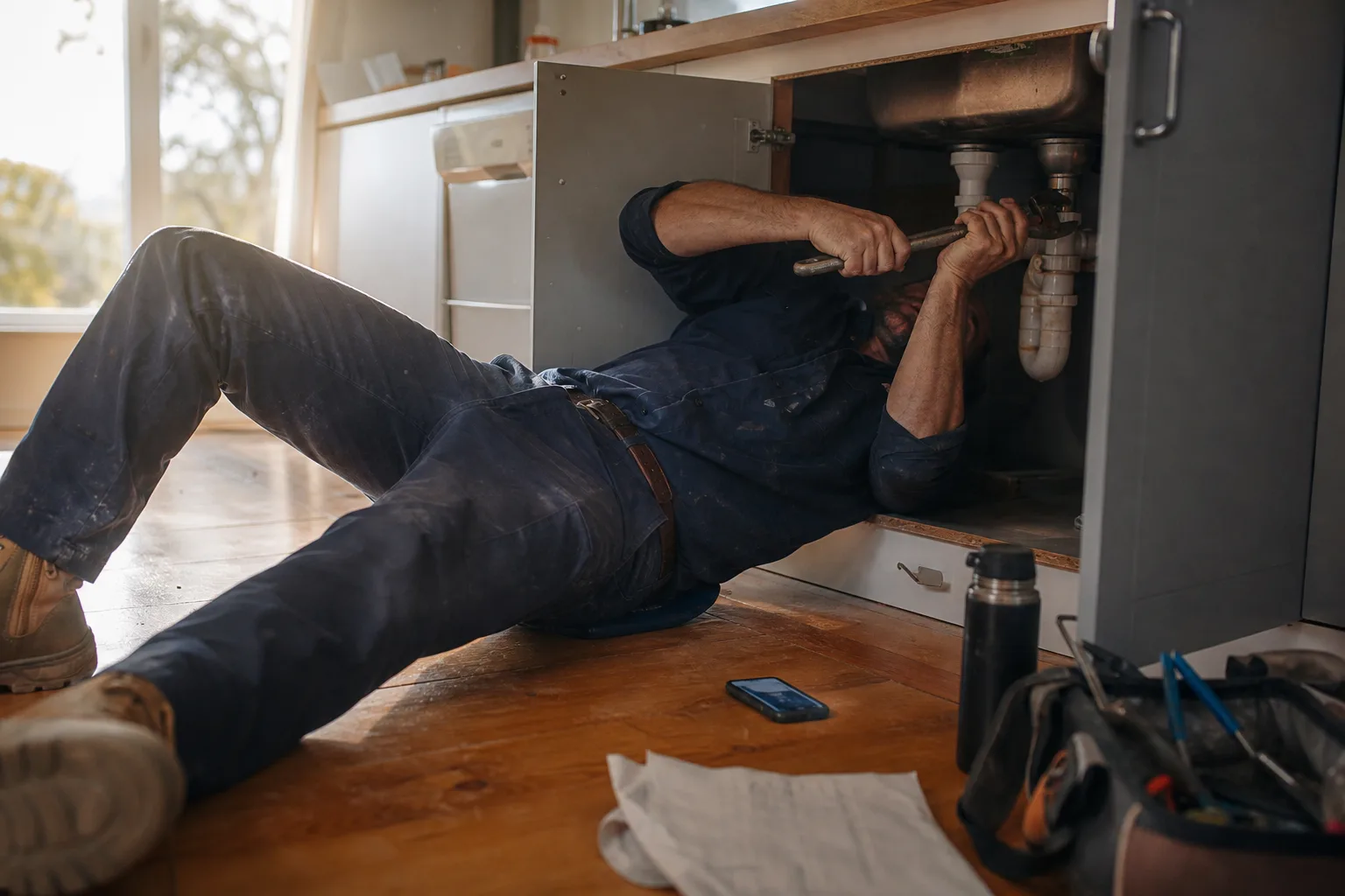 Australian plumber under a kitchen sink, hands busy on a wrench, as his phone rings unanswered — a missed call with no routing or escalation