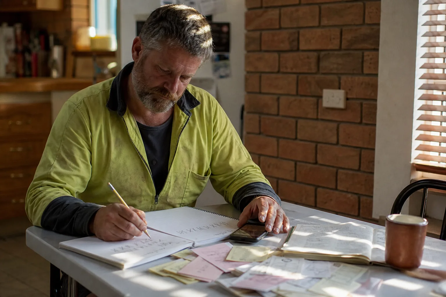 Australian plumber tallying the day's calls in a notebook at his kitchen table, weighing up the best virtual receptionist service