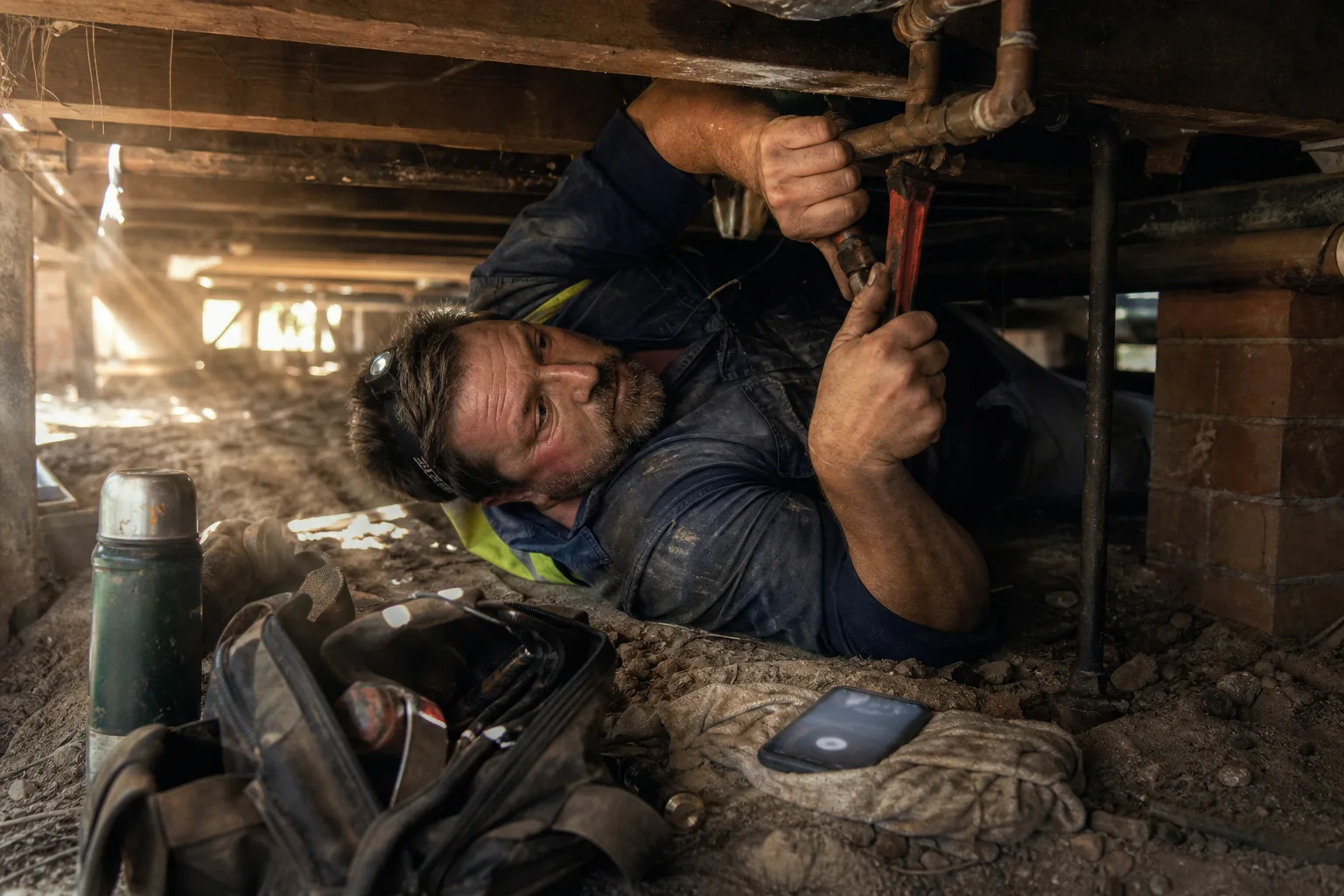Plumber under an Australian house, hands busy on a pipe, phone ringing unanswered in his tool bag beside him