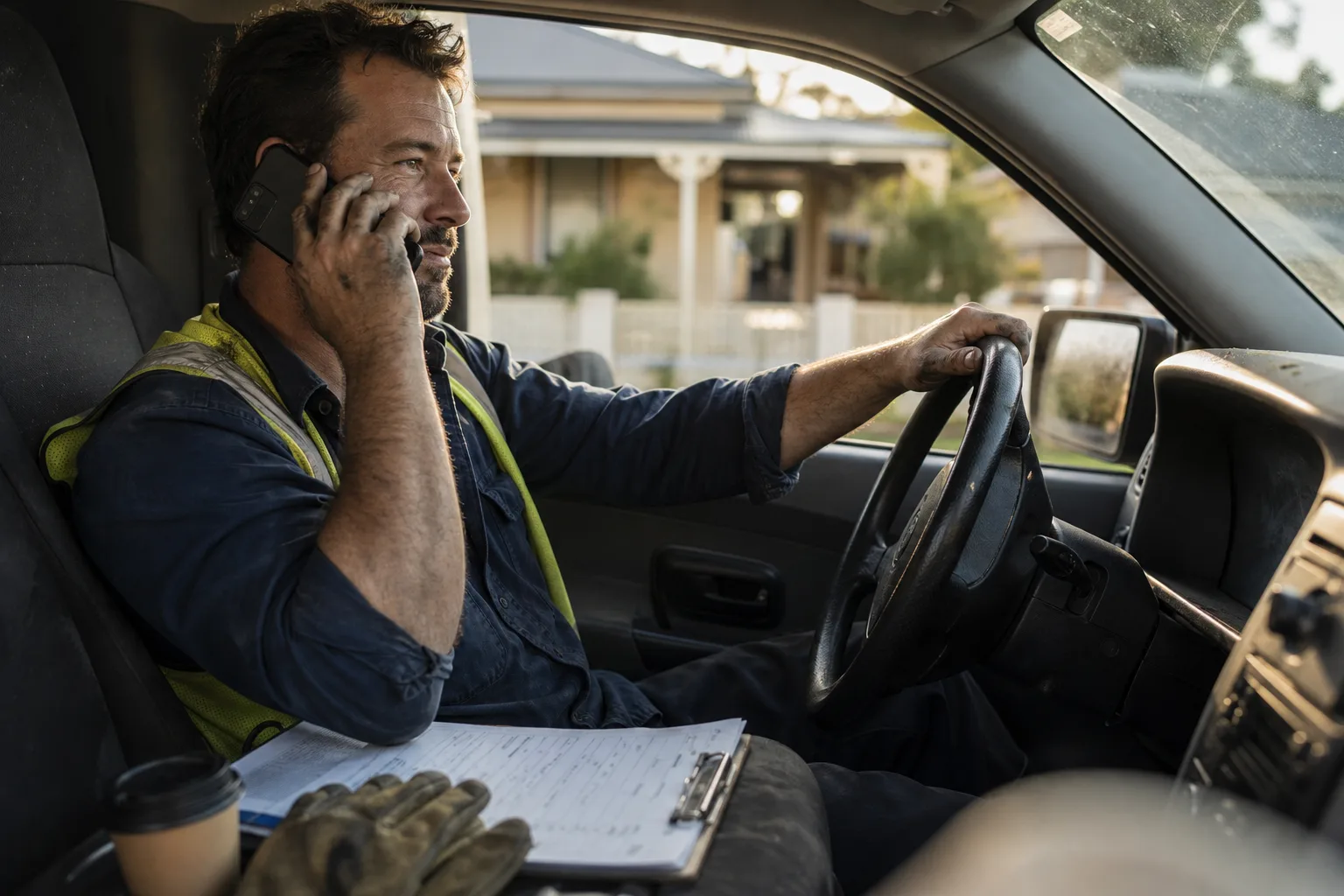Australian plumber in his work van taking a booked job call, the result of lead qualification via voice AI screening his inbound calls