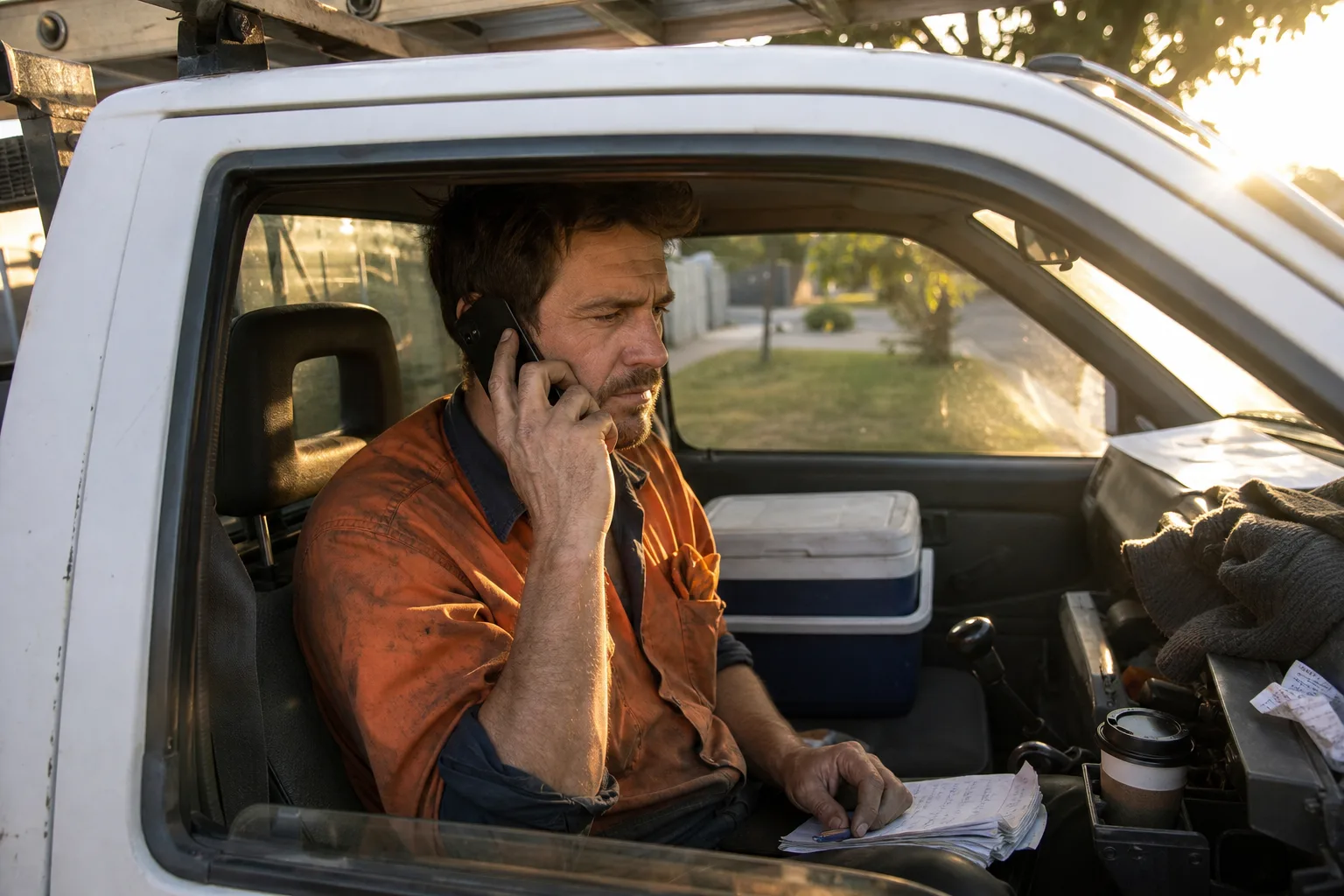 Australian electrician in his work ute at dusk, phone to ear, sceptically testing an AI phone service demo before buying