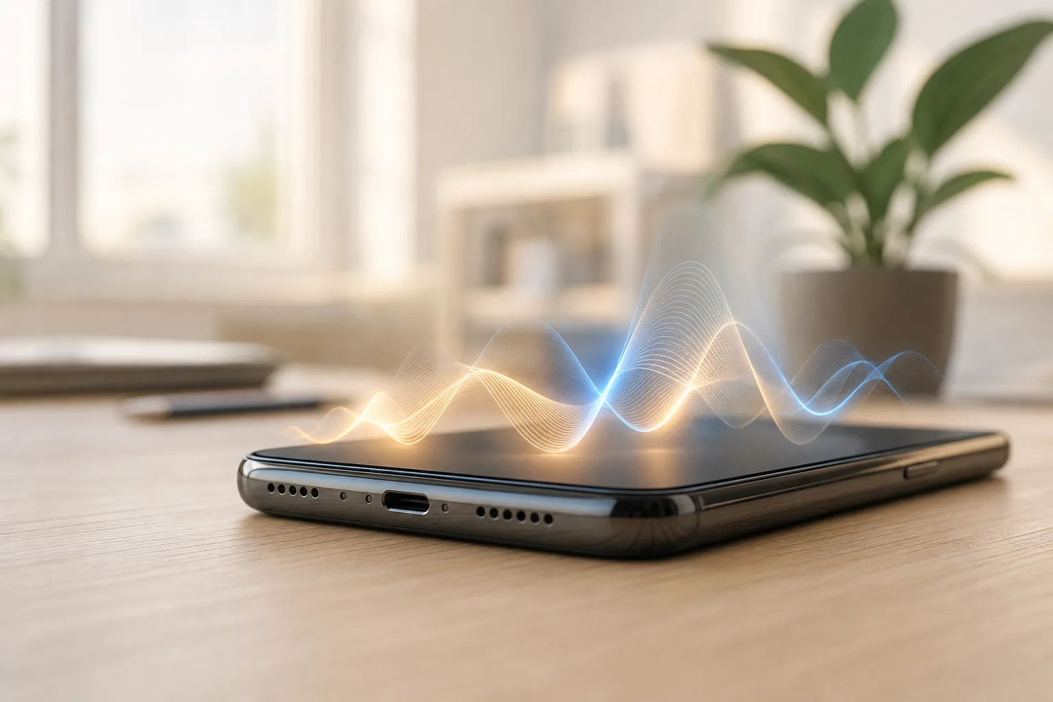 A smartphone on a wooden desk with glowing audio waveforms rising above it, representing AI-powered call handling