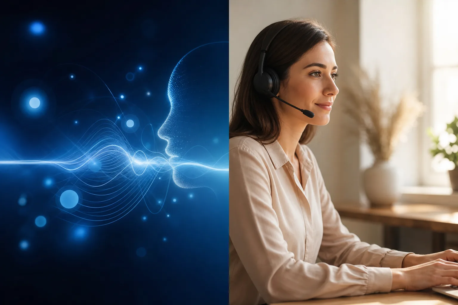 Split scene comparing AI voice technology and a live agent with headset for small business call answering