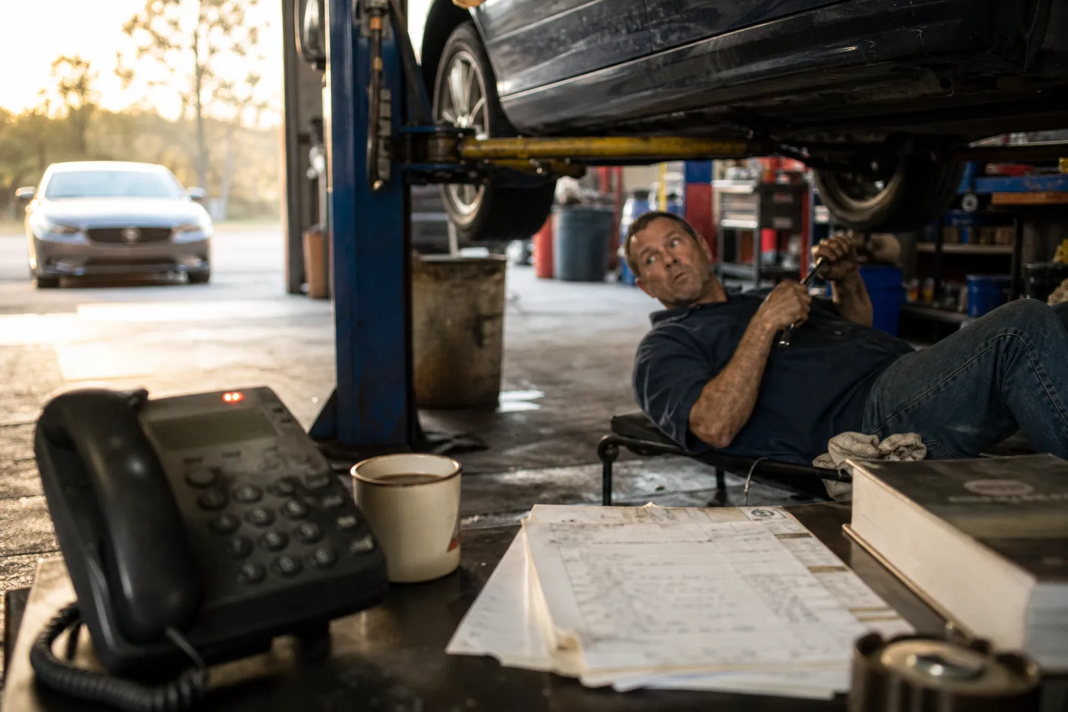 Mechanic under a car in a US auto shop while the desk phone rings unanswered on the counter, showing why small businesses need phone answering systems