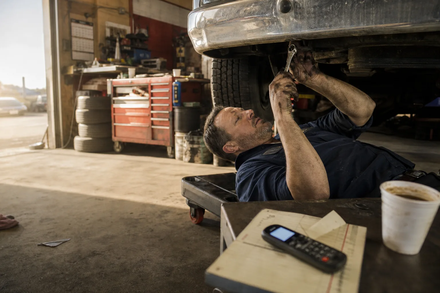 Mechanic under a truck in a US auto shop while the phone rings unanswered, the missed-call problem an AI voice agent solves