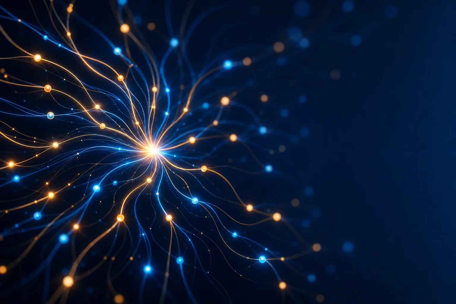 Glowing network of branching call routing pathways converging on a central hub against a deep navy background