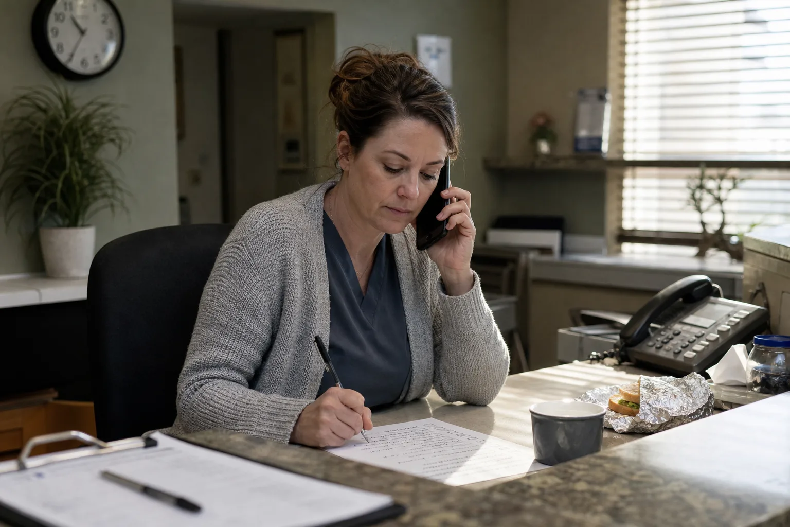 Dental clinic office manager in the US test-calling an AI voice agent for business from her own phone, checklist in hand