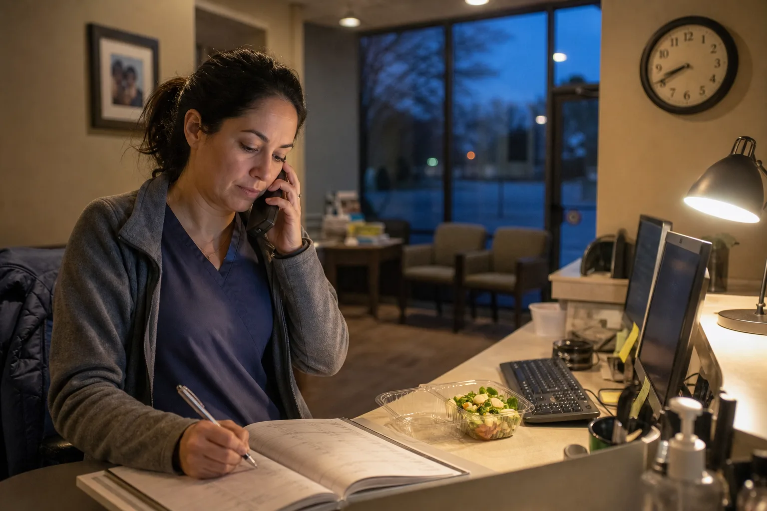 Dental practice owner in scrubs answering an after-hours phone call at a dim front desk, booking an evening patient appointment