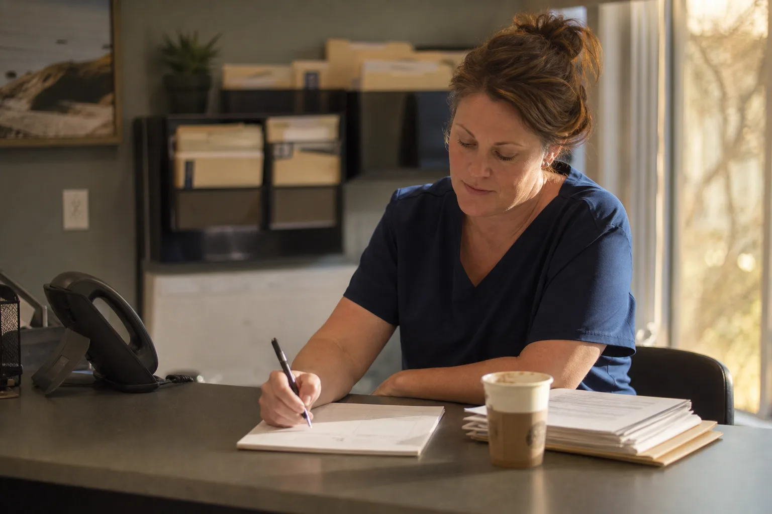 Dental office receptionist writing notes at a front desk while the phone sits untouched, outbound calls handled by AI automation