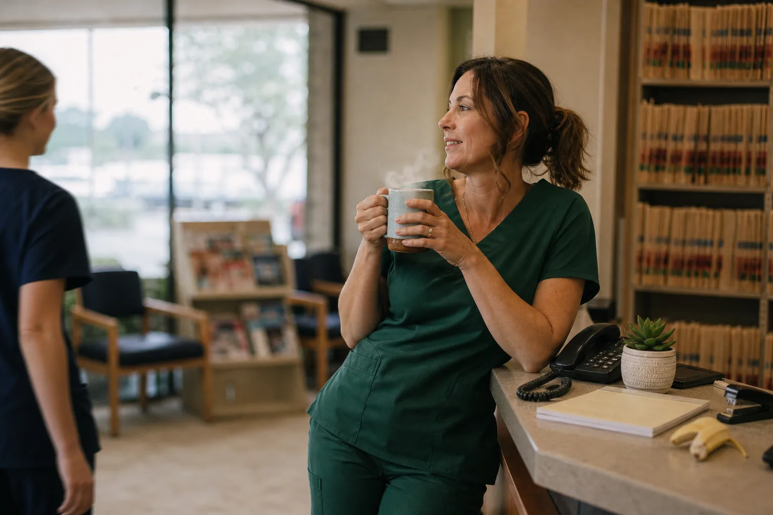 Dental clinic receptionist in scrubs calmly drinking coffee at the front desk, phone untouched, as automated appointment booking handles the morning r