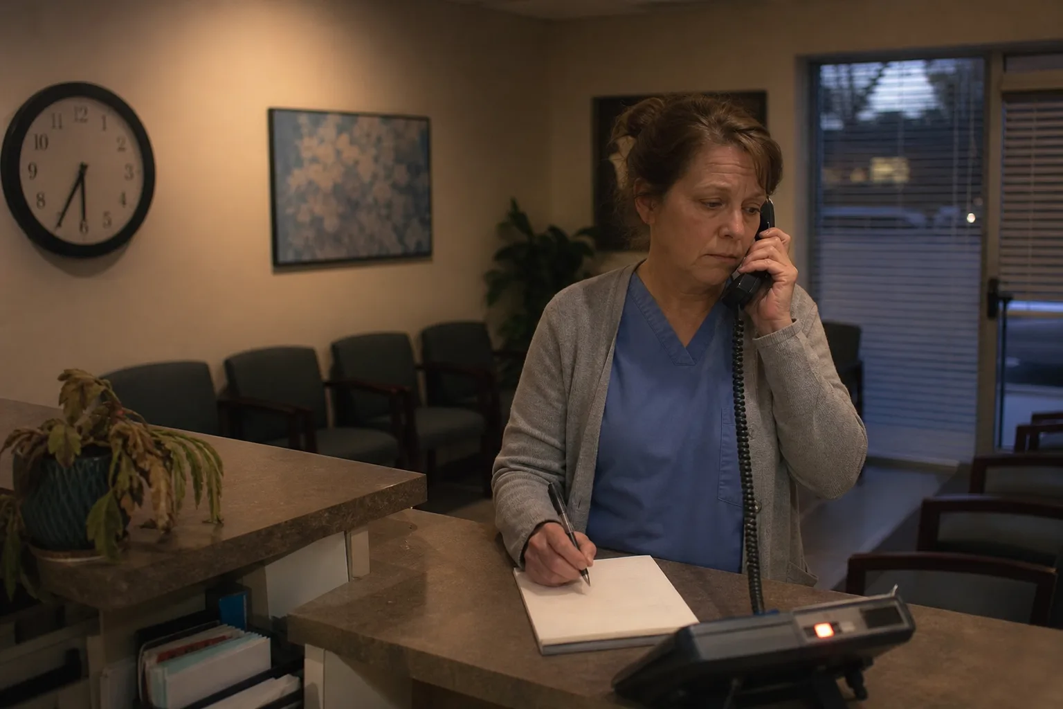 Dental clinic receptionist after hours holding a phone to her ear over an empty notepad, a missed new patient enquiry with no voicemail left