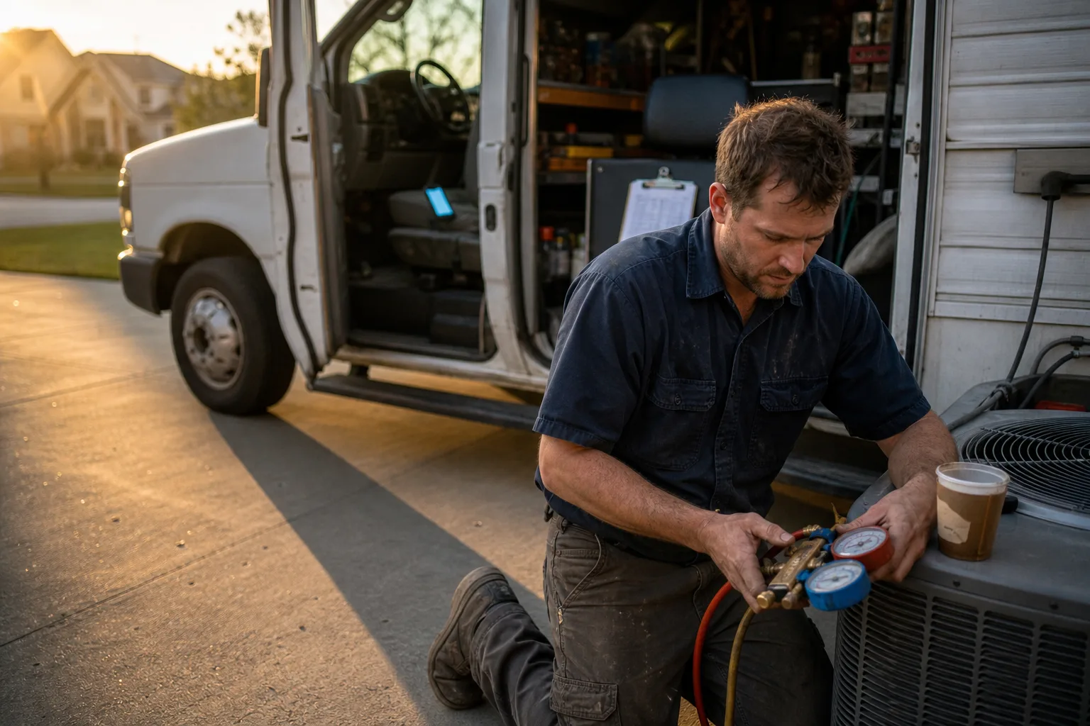 HVAC technician repairing a condenser at dusk while an after-hours call rings unanswered in his van