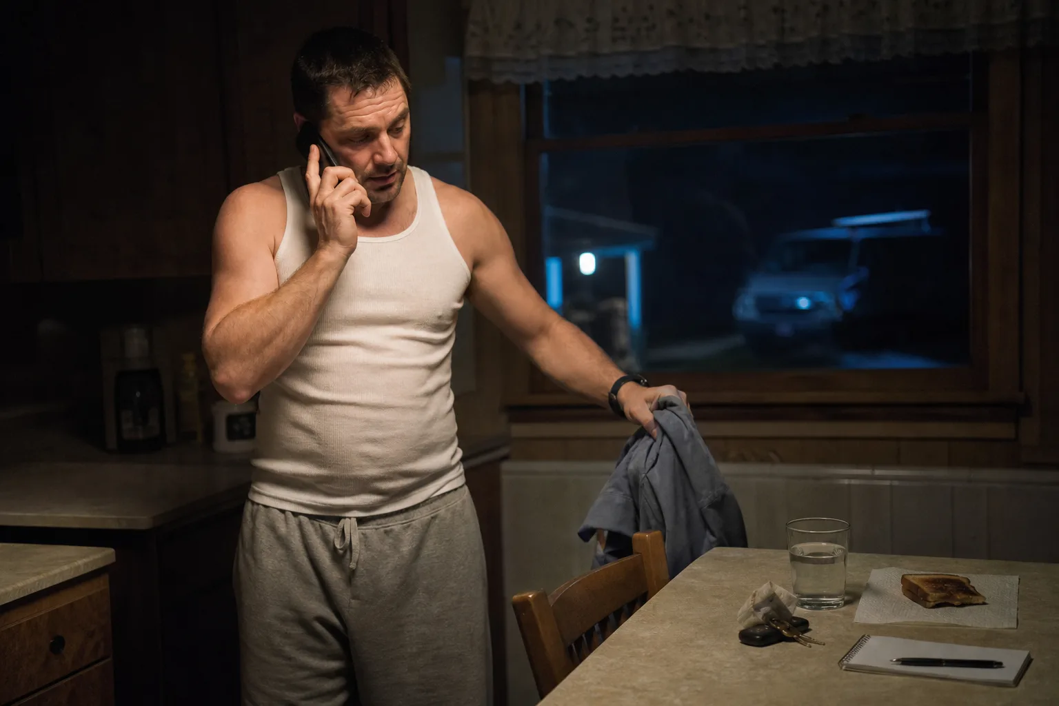 On-call HVAC technician taking a 2 a.m. no-heat emergency dispatch call in his dark kitchen at home