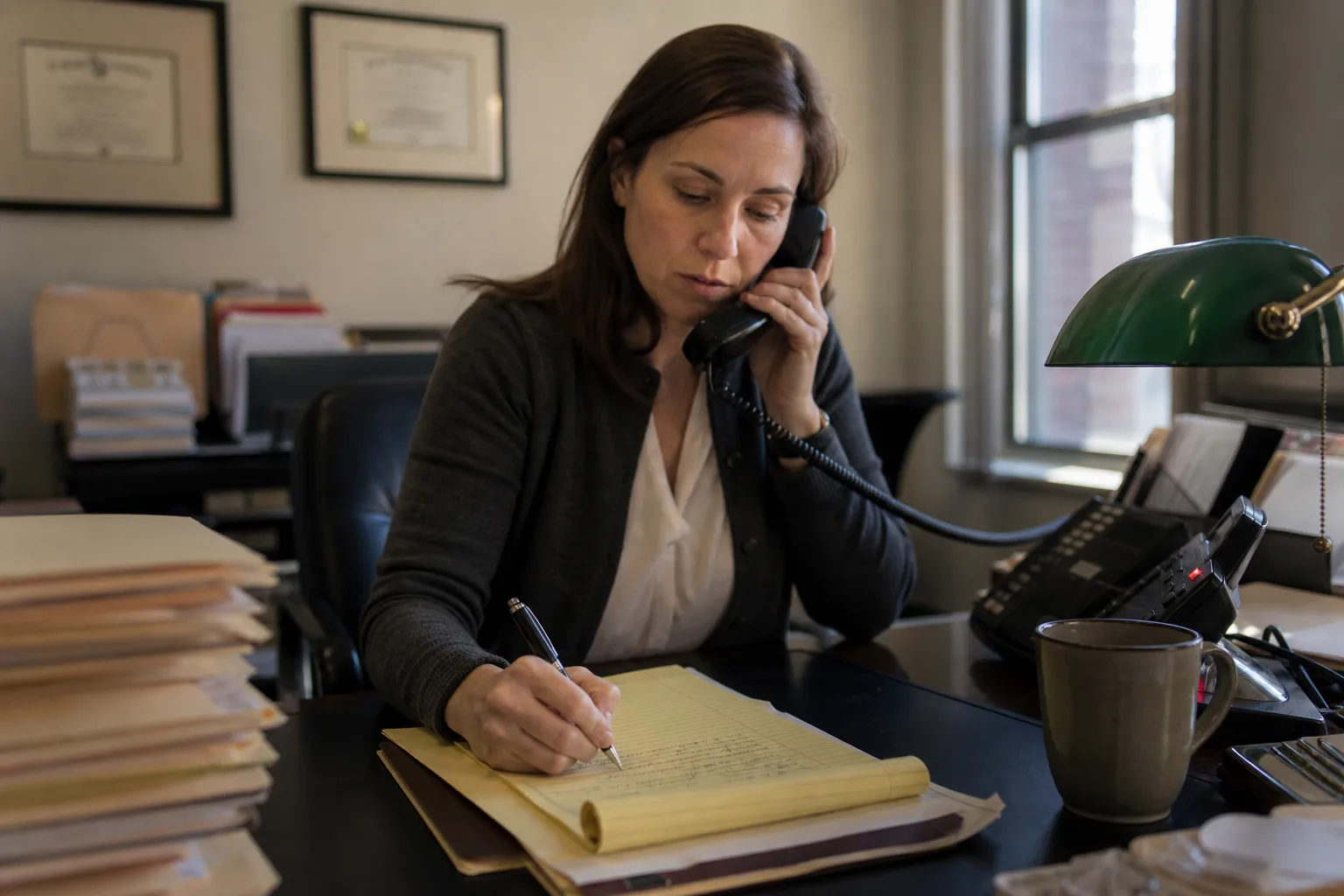 Law firm receptionist mid-call writing client intake notes while a second line blinks, showing why legal practices need AI answering that captures cas