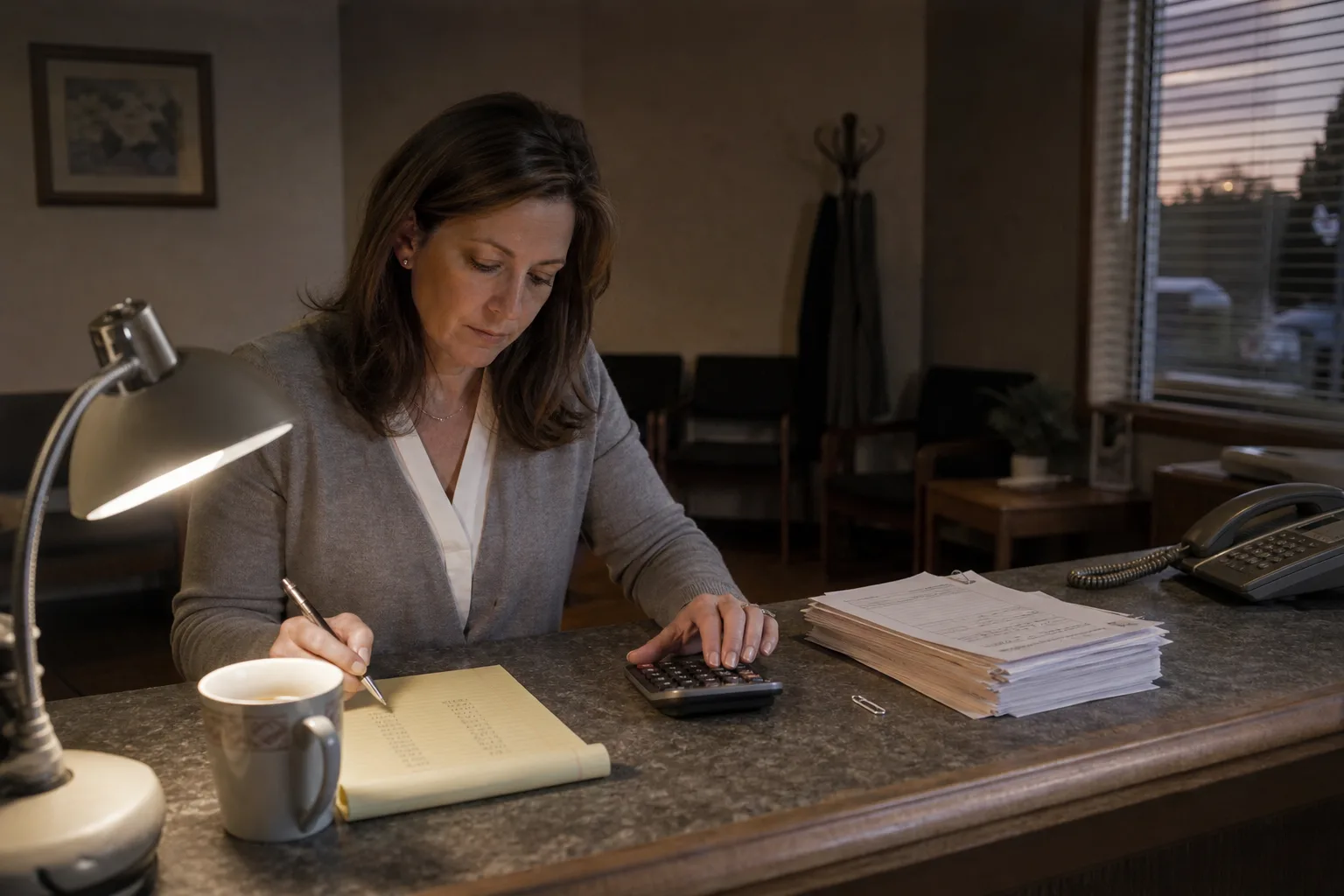 Dental practice owner in Ohio reviewing invoices and a calculator after hours, weighing virtual receptionist costs against her monthly budget