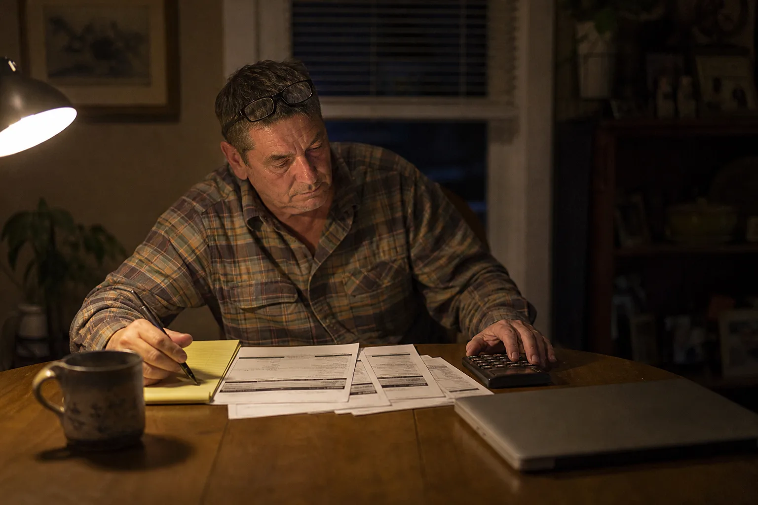A small business owner at a kitchen table at night comparing printed AI outbound call automation quotes with a calculator and coffee.