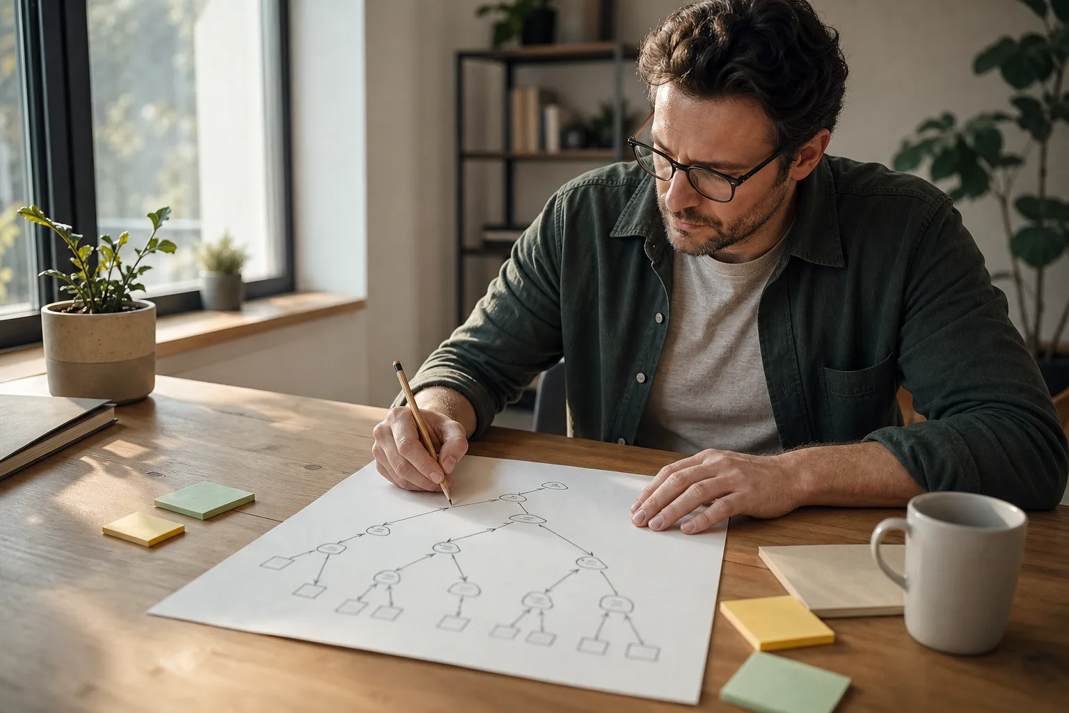Small business owner sketching a branching flowchart on paper at a wooden desk, planning a call routing flow