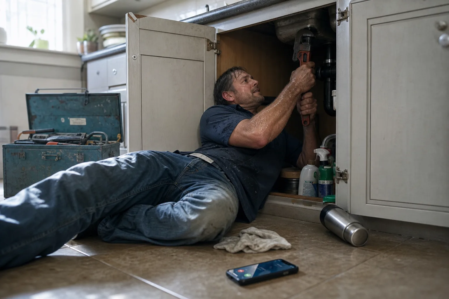 Plumber under a US kitchen sink, hands full with a wrench, as his phone rings unanswered on the floor — why a number alone isn't an answering service